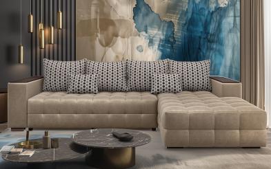 Разтегателен ъглов диван с подлакътник етажерка Мелвин Разтегателен ъглов диван с подлакътник етажерка