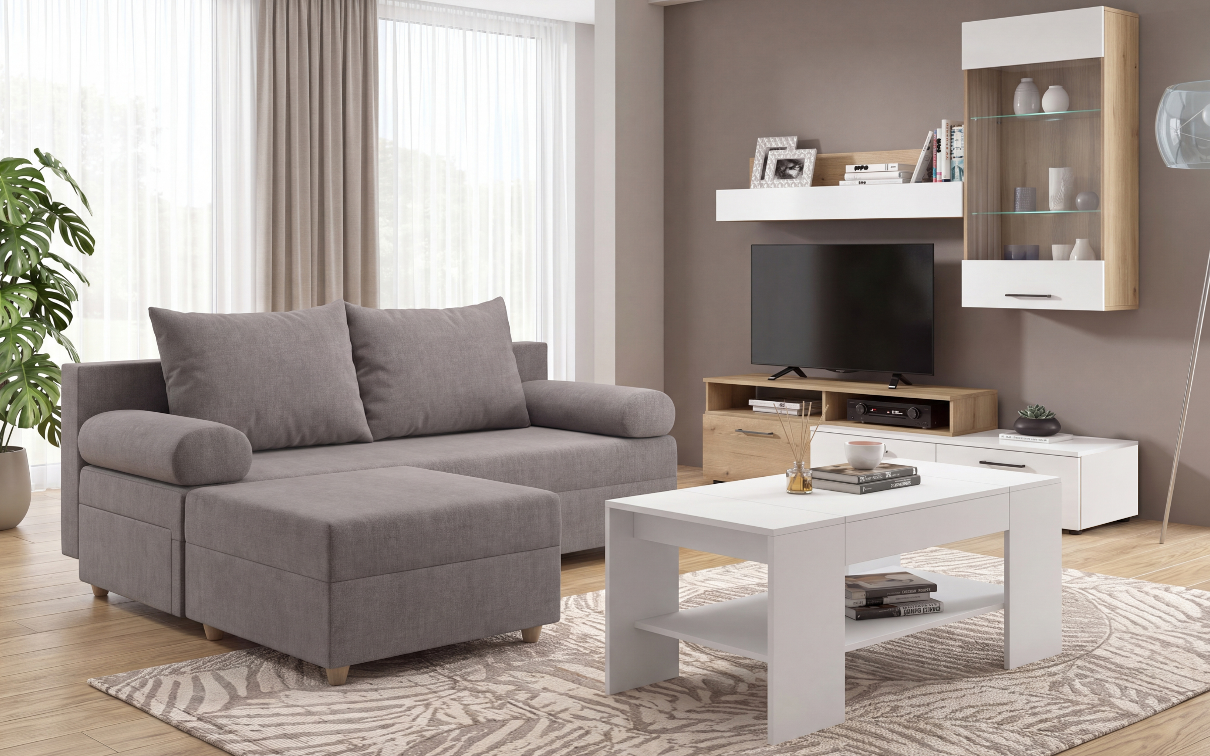 Σετ για σαλόνι Vitaro, γκρι + δρυς evok + λευκό γυαλιστερό + λευκό ματ  1