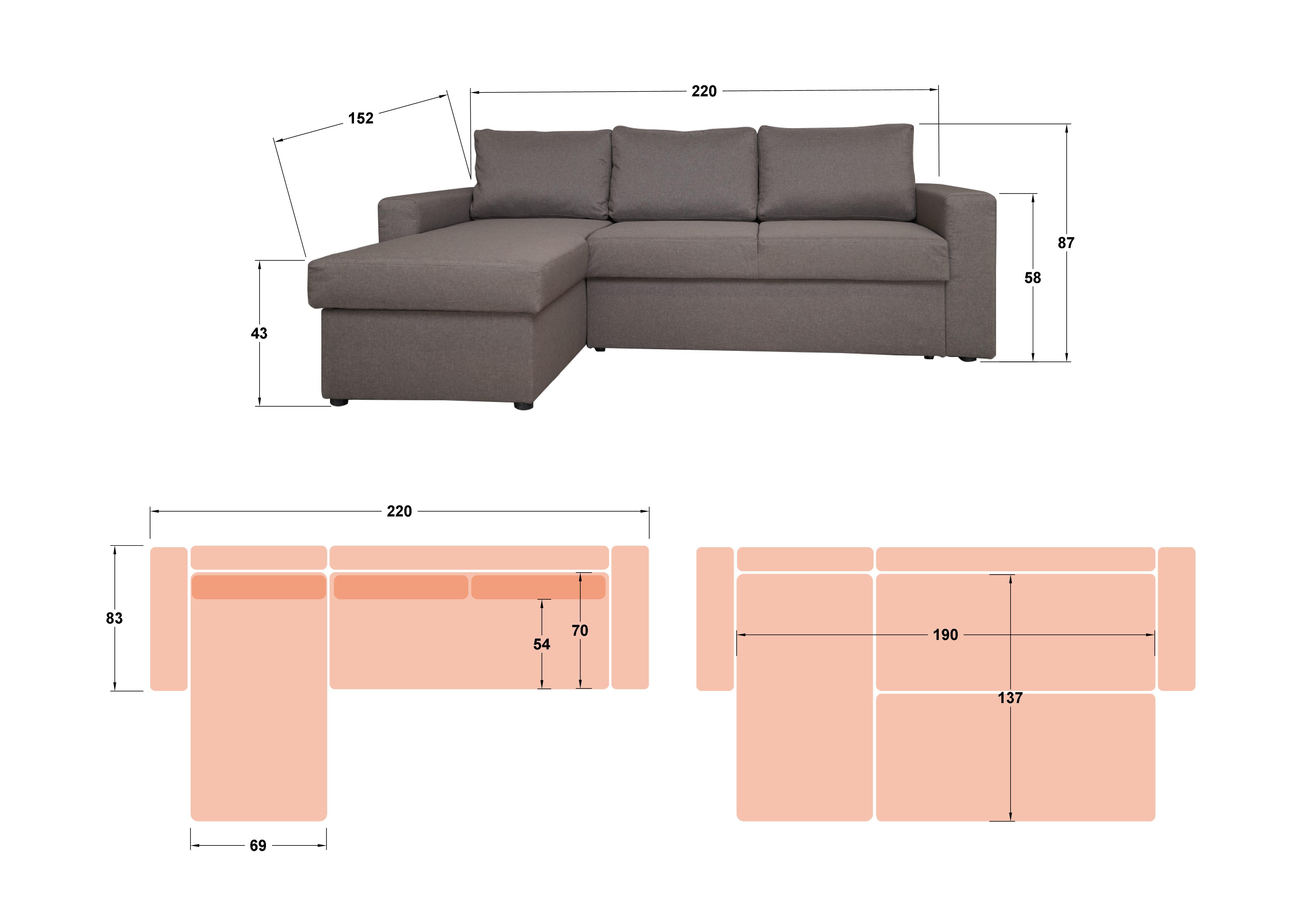 Γωνιακός καναπές – κρεβάτι Alba, γκρι  2