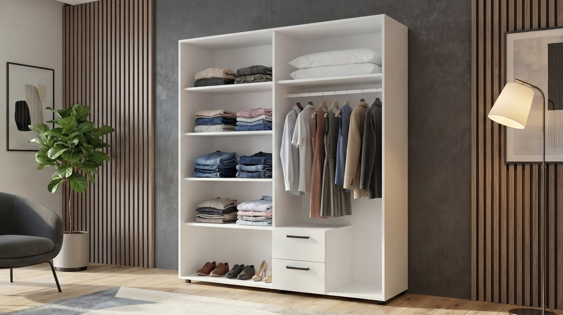 Ντουλάπα με σωλήνα και ράφια Bruno L2, cashmere + δρυς Castello honey  3
