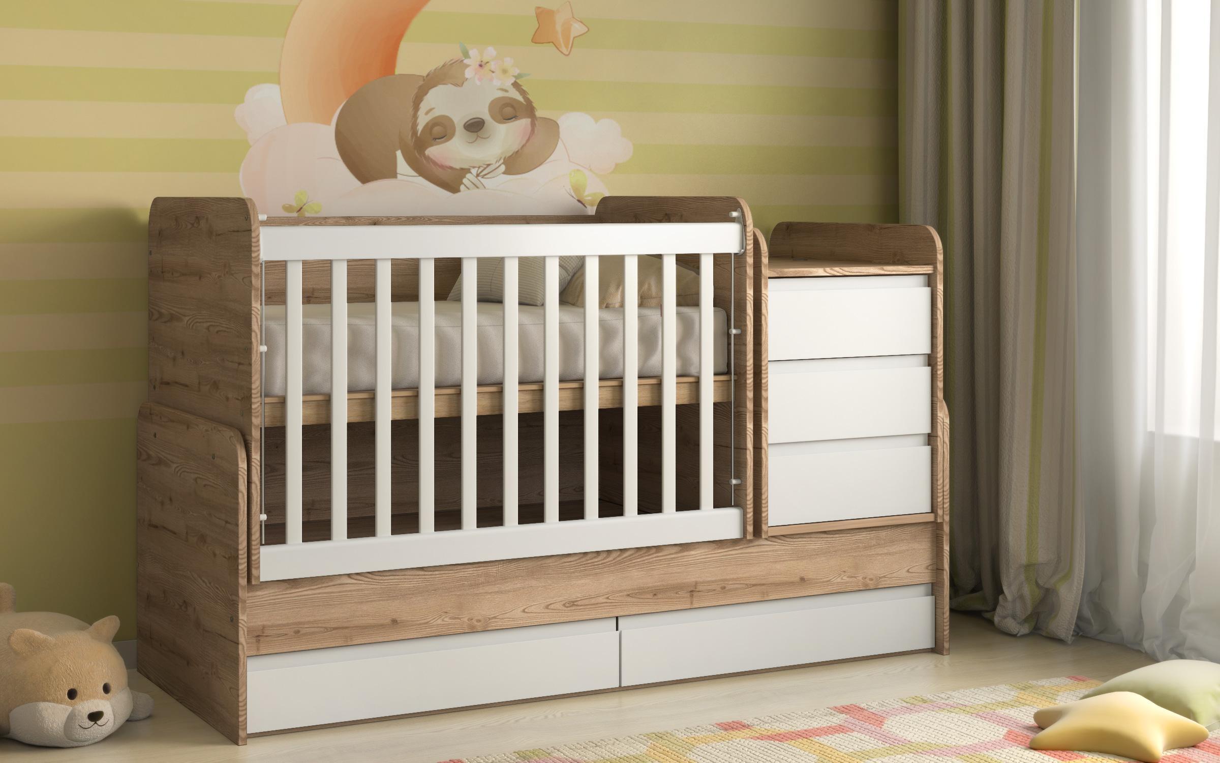 Κρεβάτι μωρού Idora, ανοιχτό ξύλο τέφρας + λευκό  1