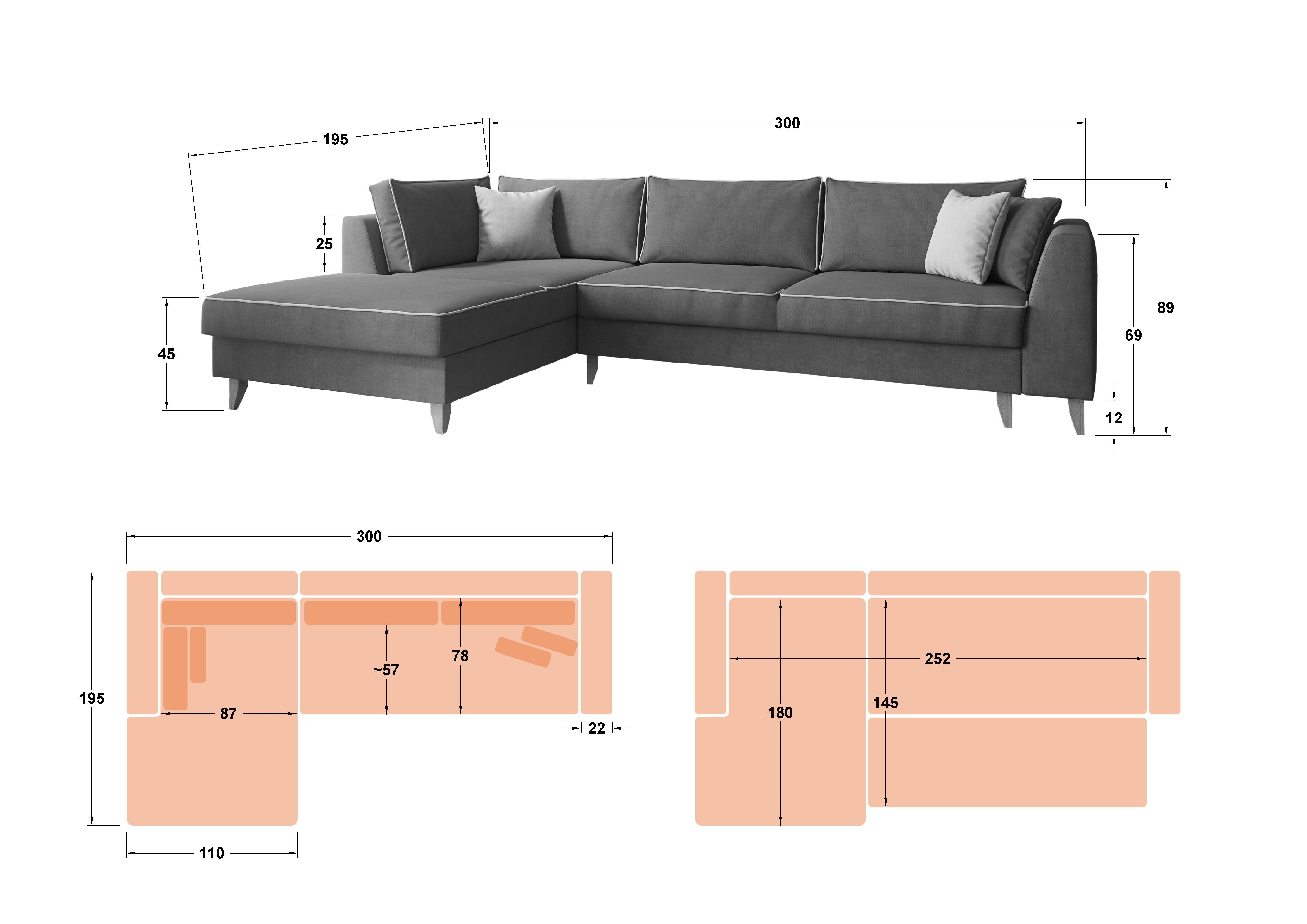 Γωνιακός καναπές - κρεβάτι Bolonia, σκούρο γκρι + ανοιχτό γκρι  2