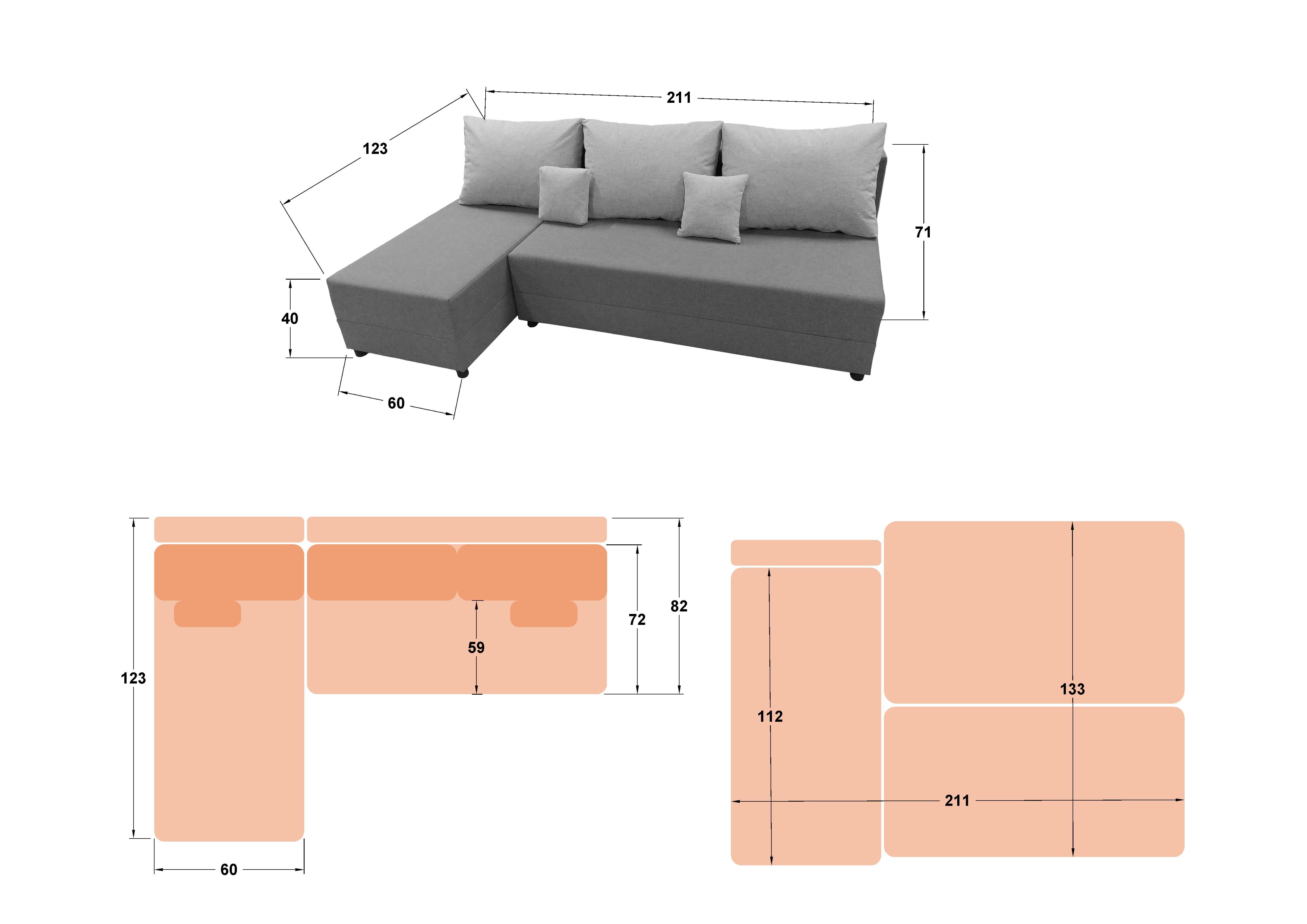 Γωνιακός καναπές – κρεβάτι Dafini, γραφίτης + γκρι  2