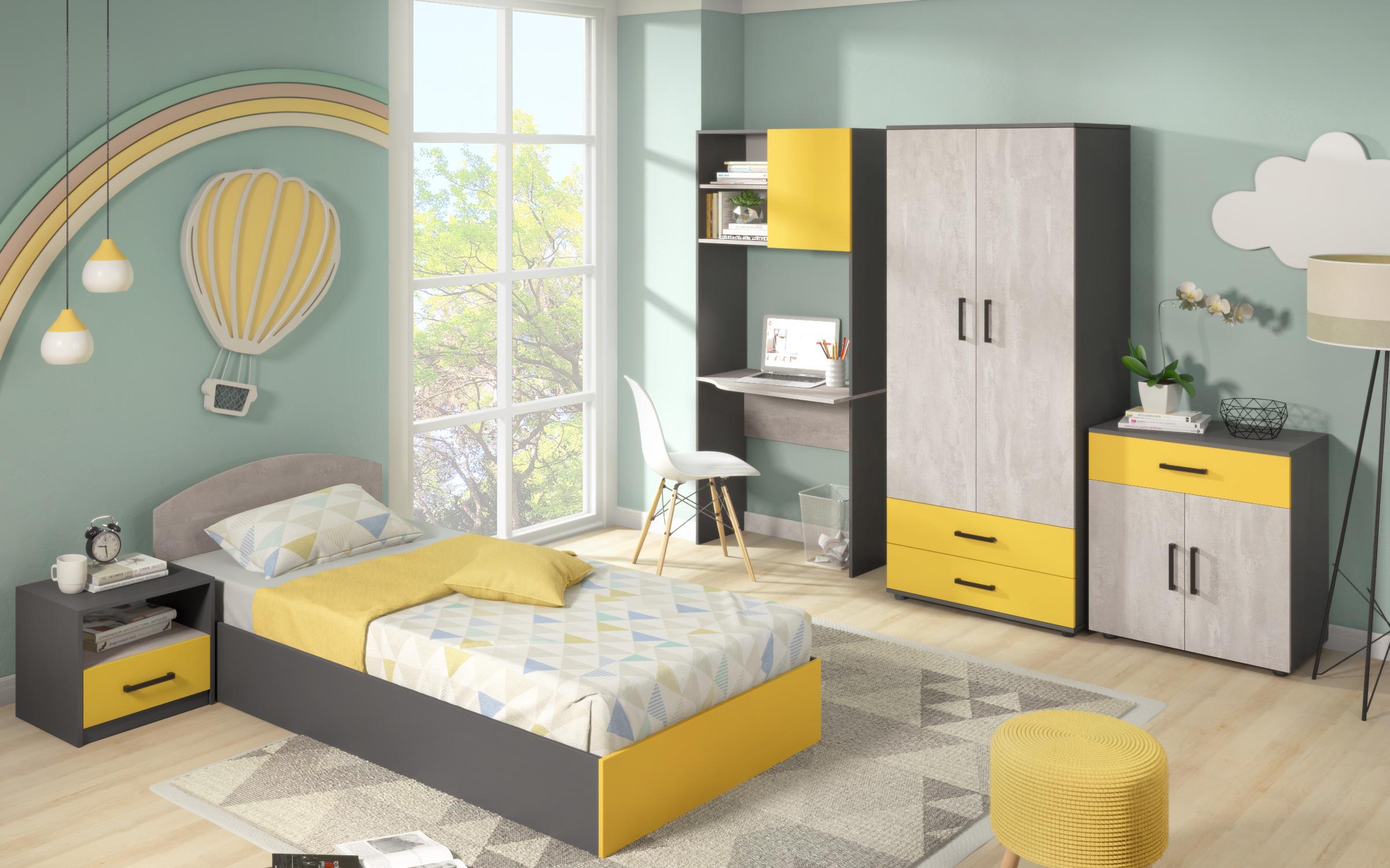 Σετ για παιδικό δωμάτιο Kaliana  + στρώμα, ανθρακι ματ + beton + κίτρινο  2
