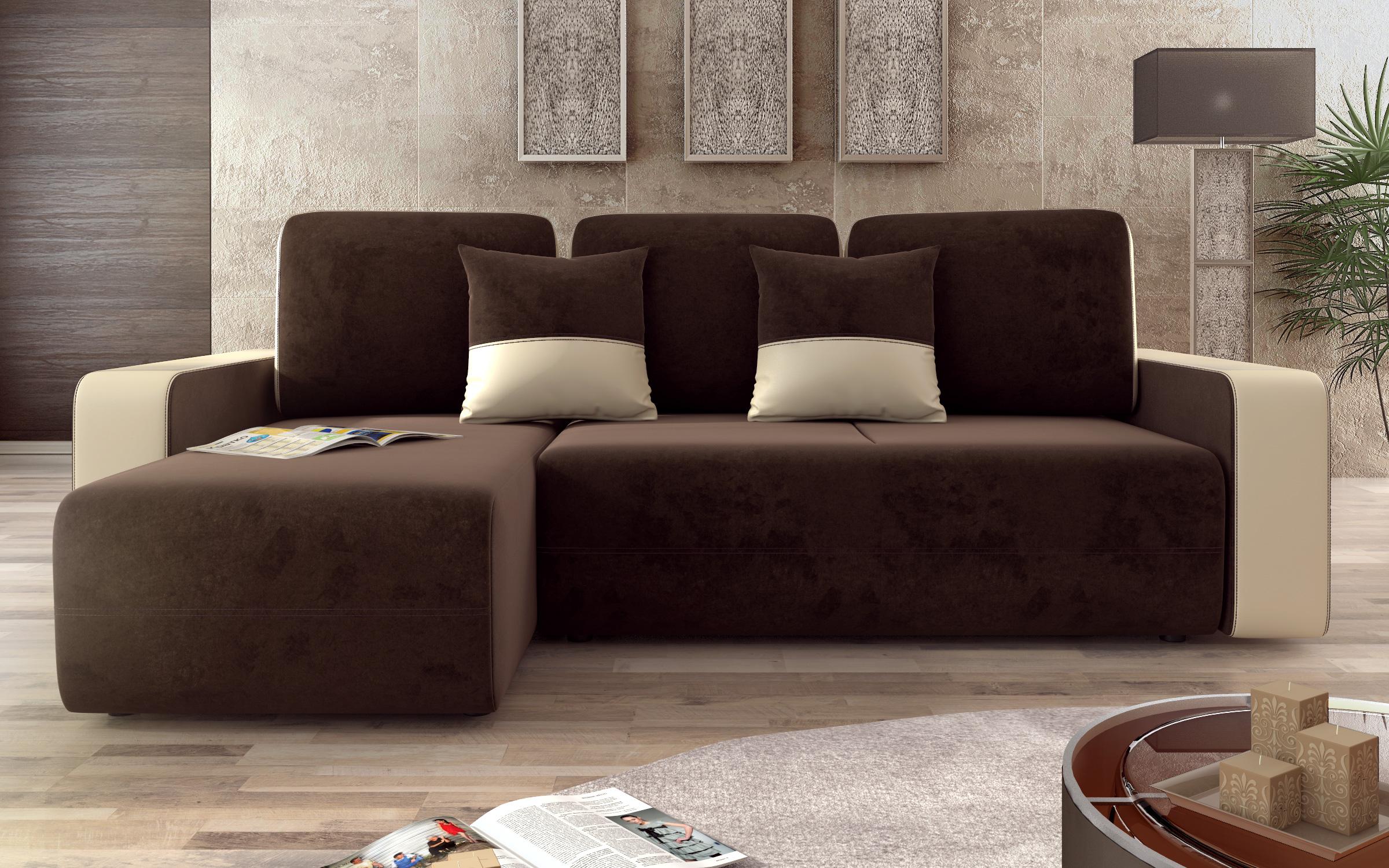Γωνιακός καναπές – κρεβάτι Borian, σκούρο καφέ + μπεζ δέρμα  1