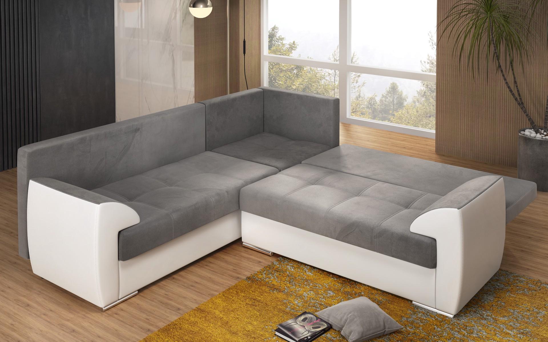 Γωνιακός καναπές - κρεβάτι Deman, γκρι + λευκό δέρμα  3