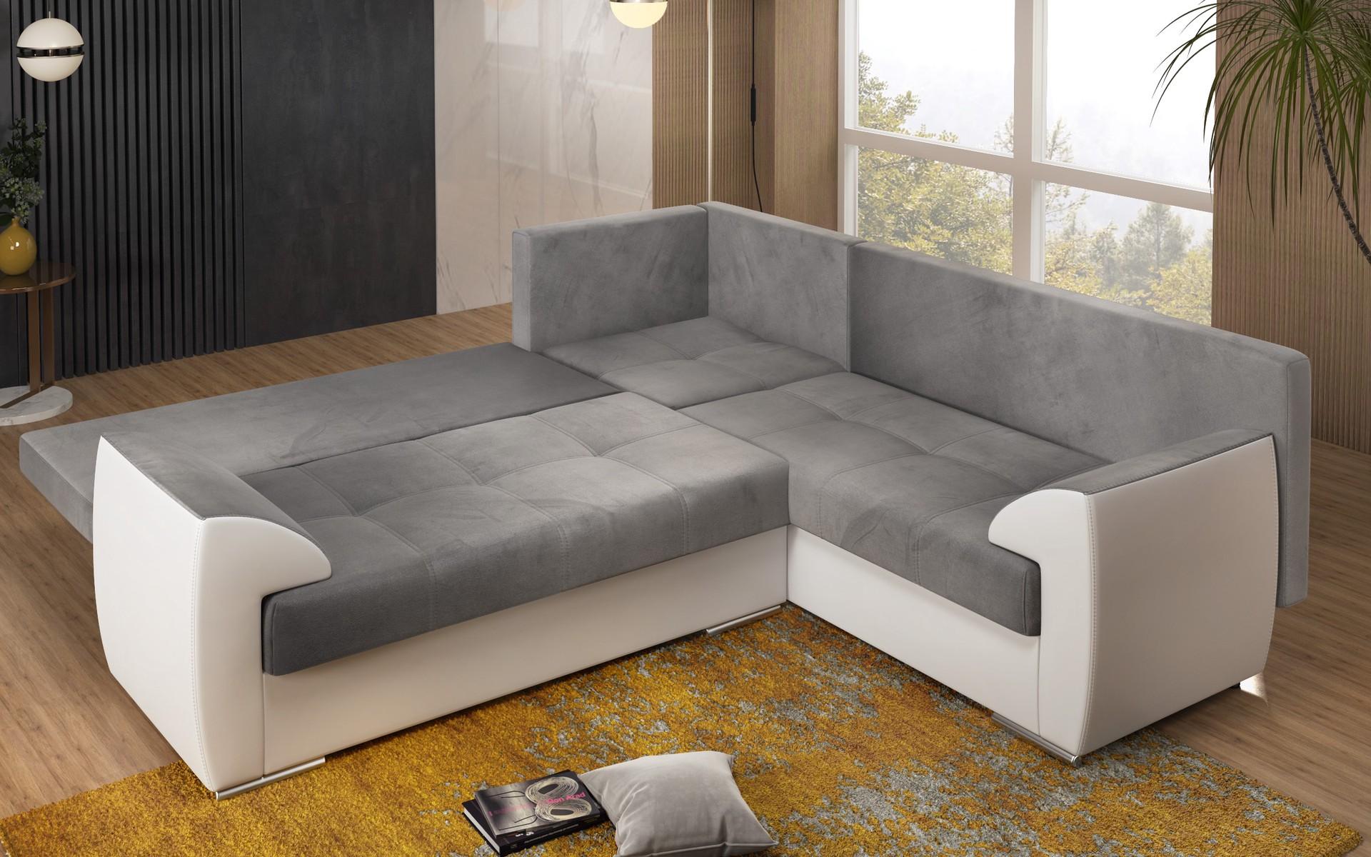 Γωνιακός καναπές - κρεβάτι Deman, γκρι + λευκό δέρμα  4