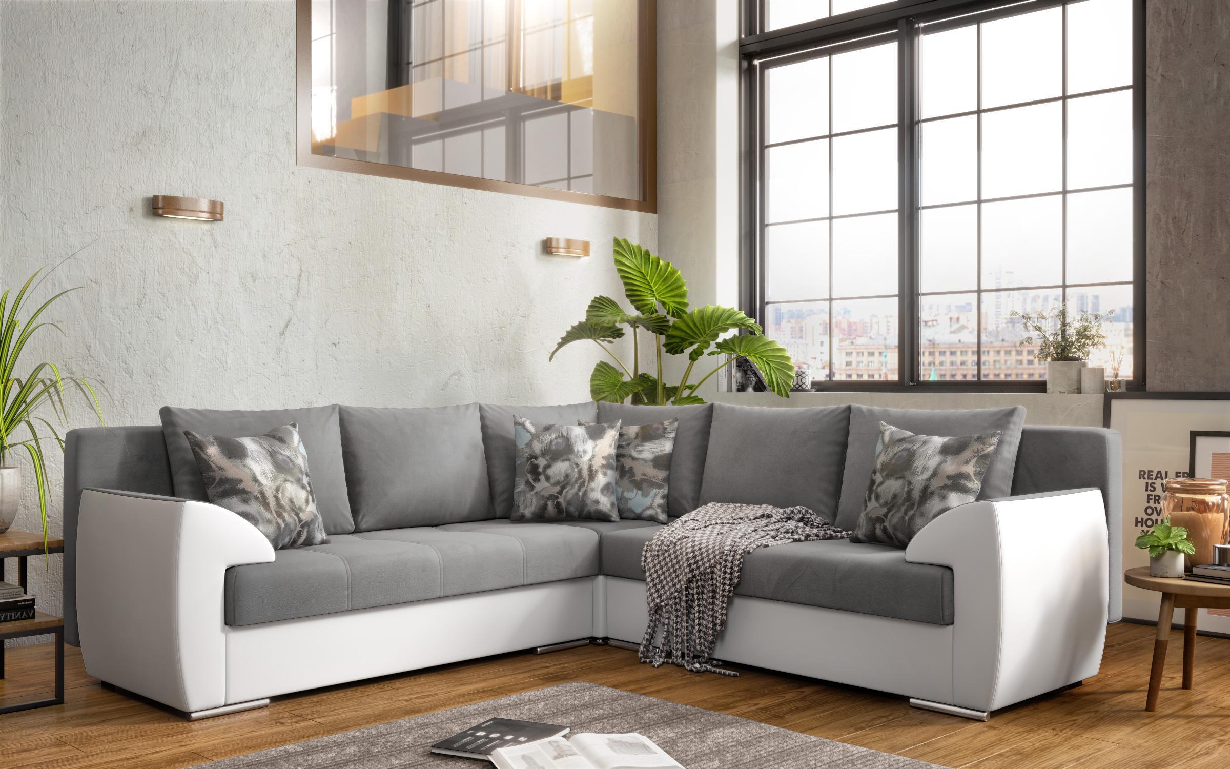 Γωνιακός καναπές - κρεβάτι Deman, γκρι + λευκό δέρμα  1