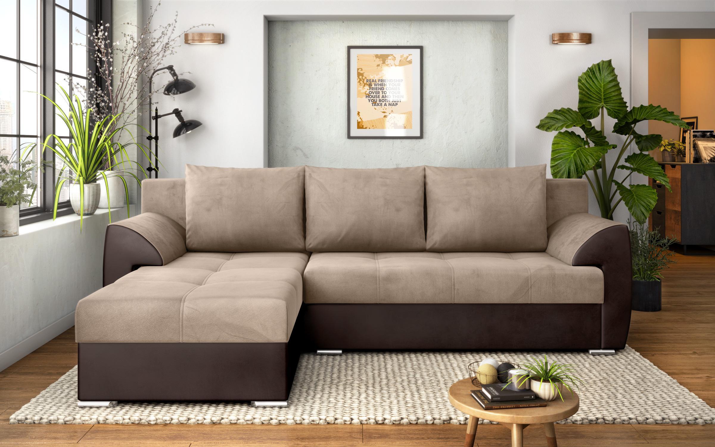 Γωνιακός καναπές - κρεβάτι Deman, μπεζ + καφέ δέρμα  1