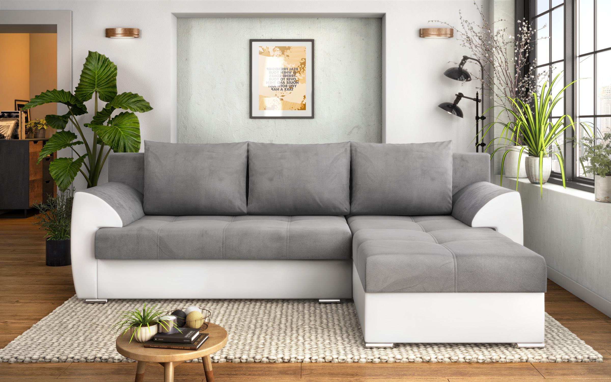 Γωνιακός καναπές - κρεβάτι Deman, γκρι + λευκό δέρμα  1