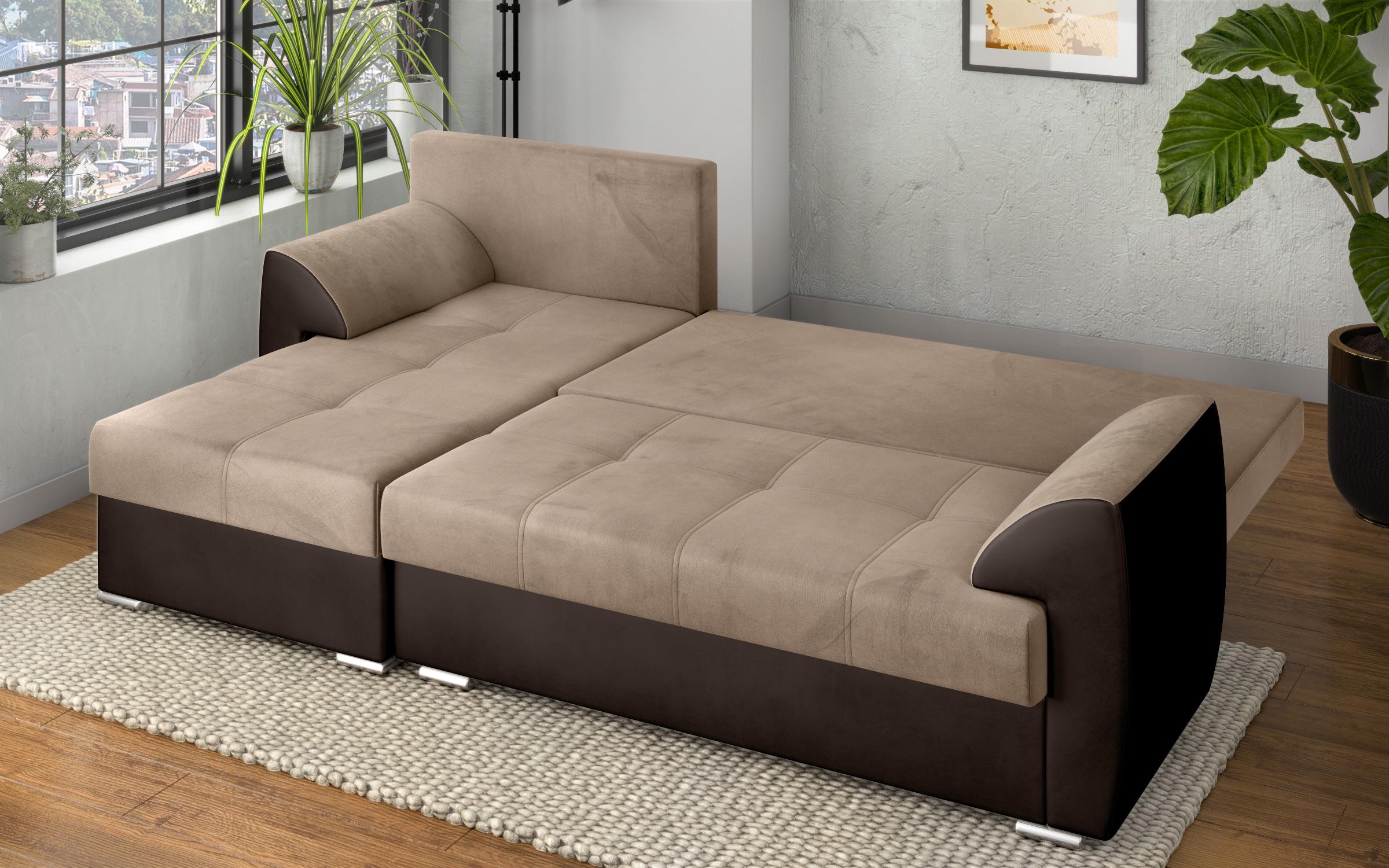 Γωνιακός καναπές - κρεβάτι Deman, μπεζ + καφέ δέρμα  3