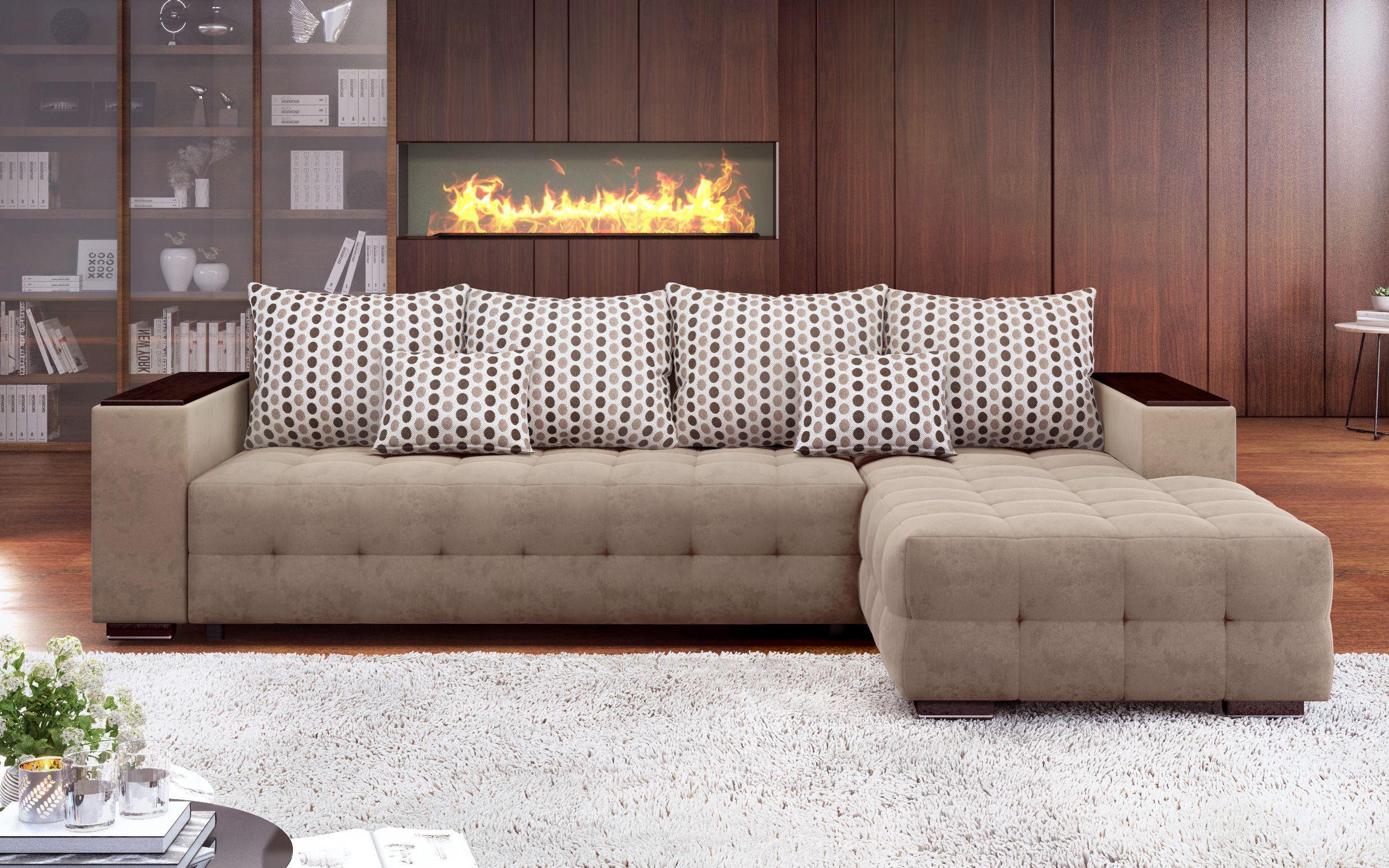 Γωνιακός καναπές - κρεβάτι με ανάκλιντρο και μπράτσο μίνι ραφιέρα Melvin, σκούρο μπεζ  1