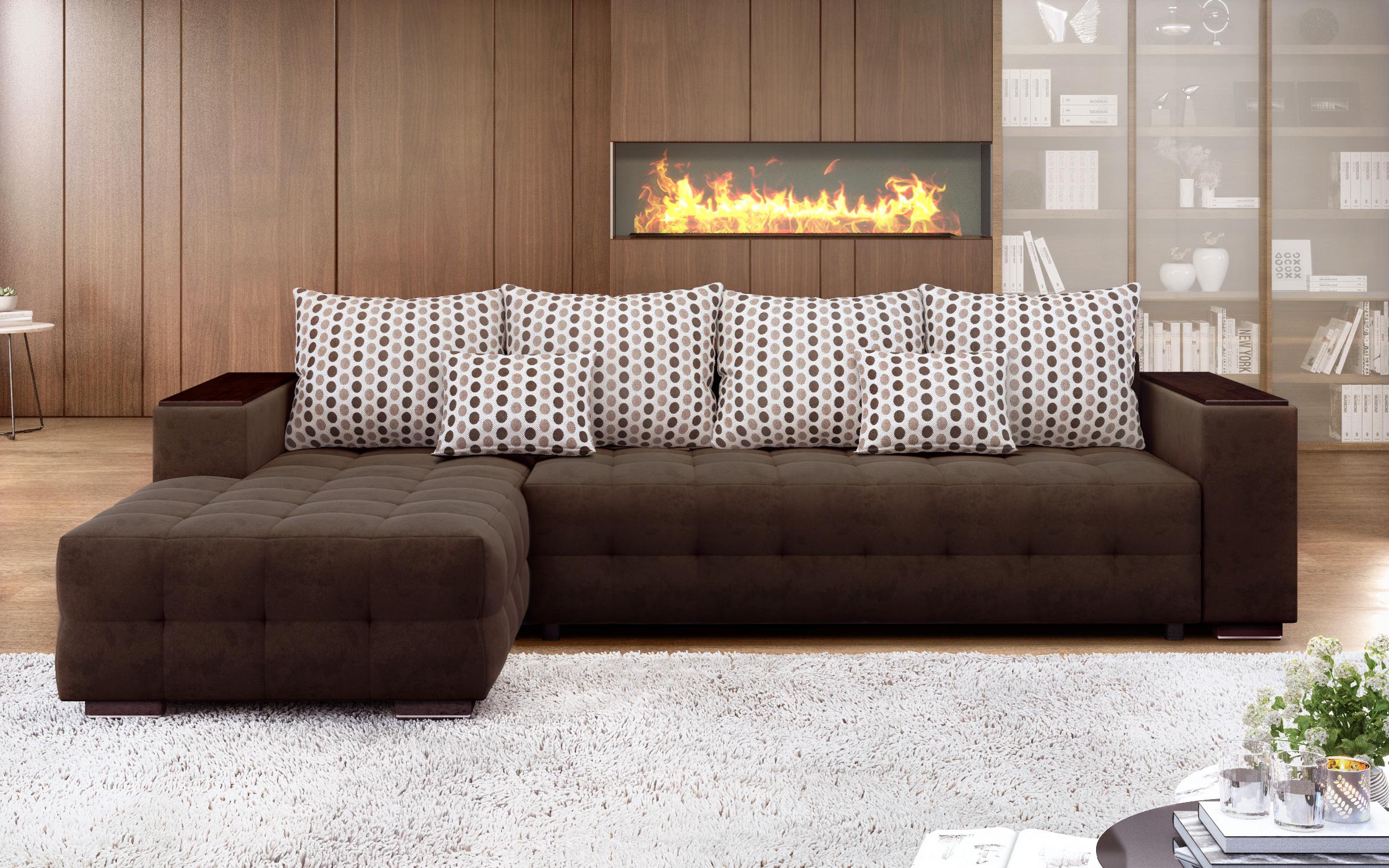 Γωνιακός καναπές - κρεβάτι με ανάκλιντρο και μπράτσο μίνι ραφιέρα Melvin, σκούρο καφέ  1