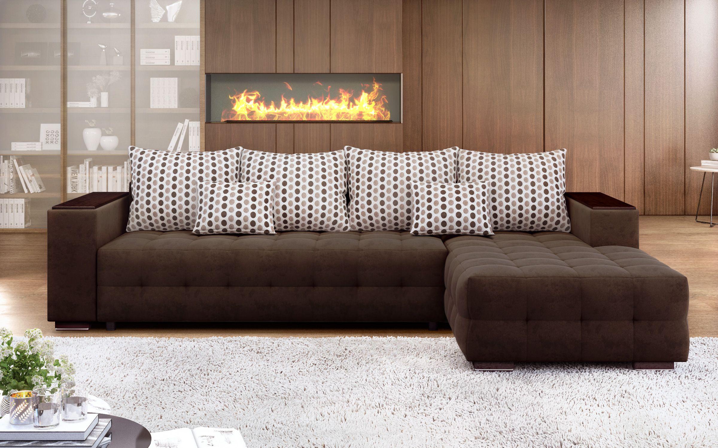 Γωνιακός καναπές - κρεβάτι με ανάκλιντρο και μπράτσο μίνι ραφιέρα Melvin, σκούρο καφέ  1