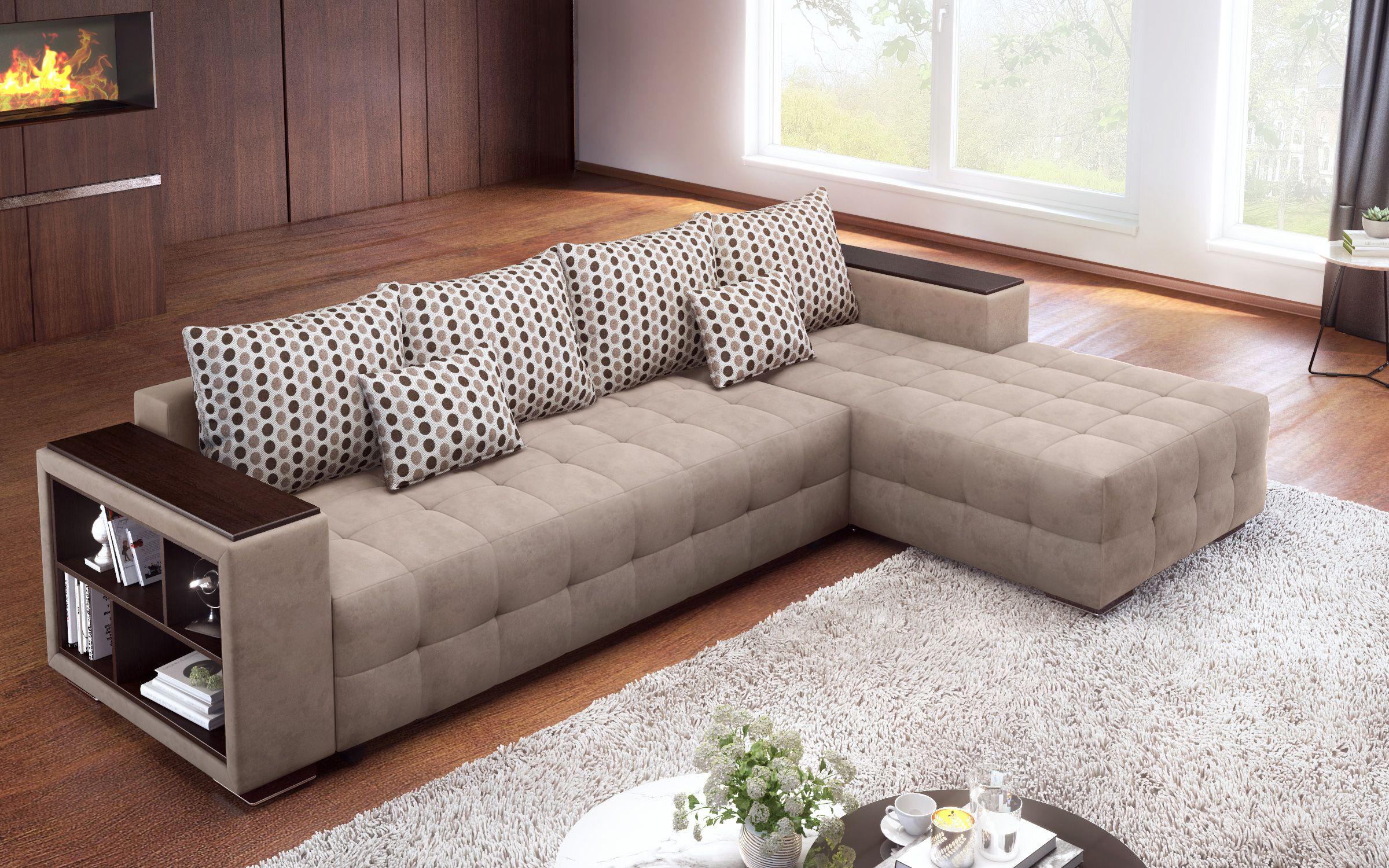 Γωνιακός καναπές - κρεβάτι με ανάκλιντρο και μπράτσο μίνι ραφιέρα Melvin, σκούρο μπεζ  3