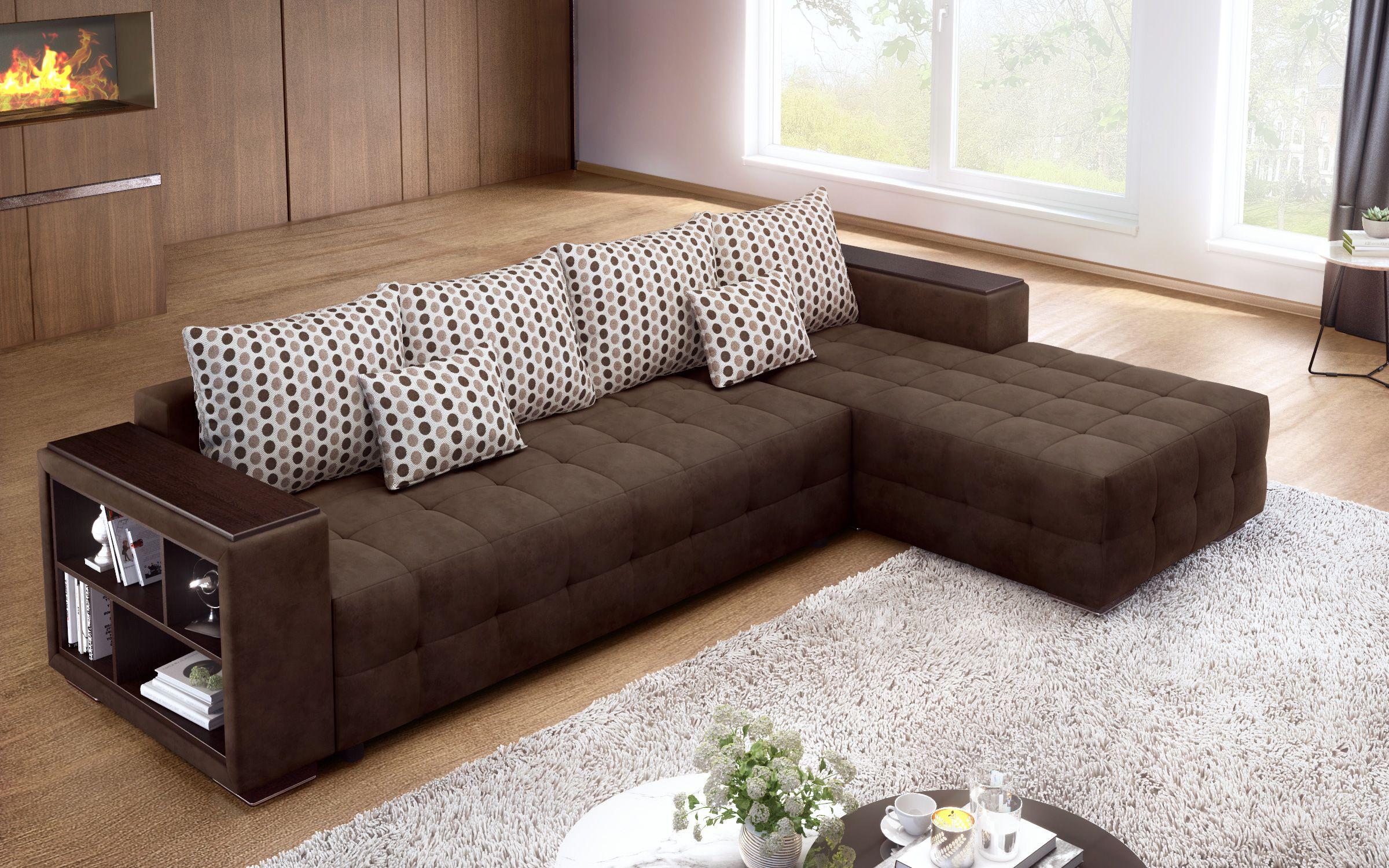 Γωνιακός καναπές - κρεβάτι με ανάκλιντρο και μπράτσο μίνι ραφιέρα Melvin, σκούρο καφέ  4