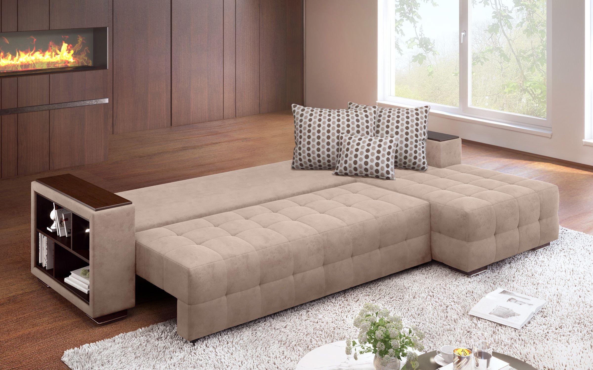 Γωνιακός καναπές - κρεβάτι με ανάκλιντρο και μπράτσο μίνι ραφιέρα Melvin, σκούρο μπεζ  7