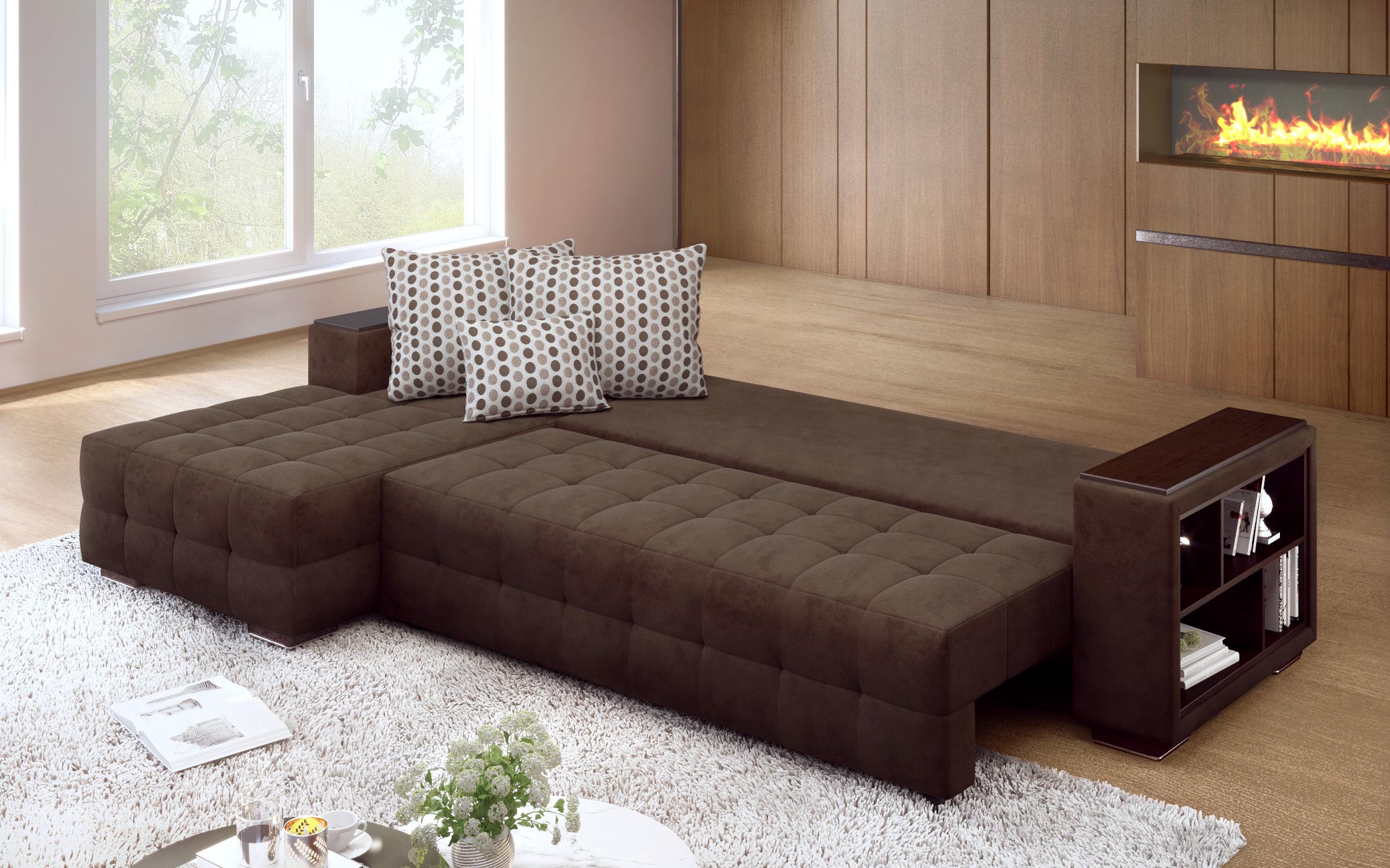 Γωνιακός καναπές - κρεβάτι με ανάκλιντρο και μπράτσο μίνι ραφιέρα Melvin, σκούρο καφέ  7