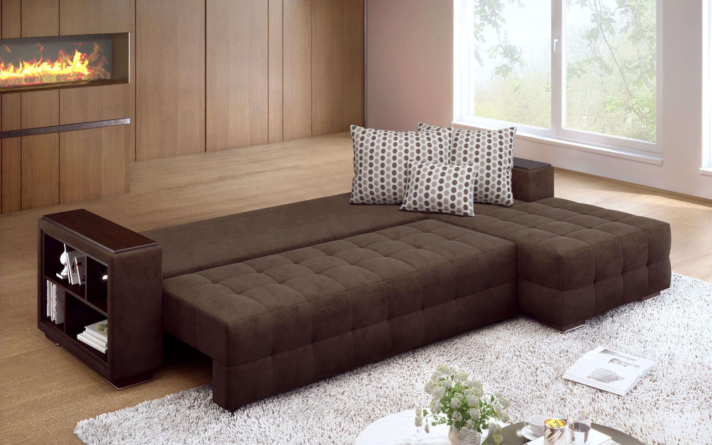 Γωνιακός καναπές - κρεβάτι με ανάκλιντρο και μπράτσο μίνι ραφιέρα Melvin, σκούρο καφέ  7