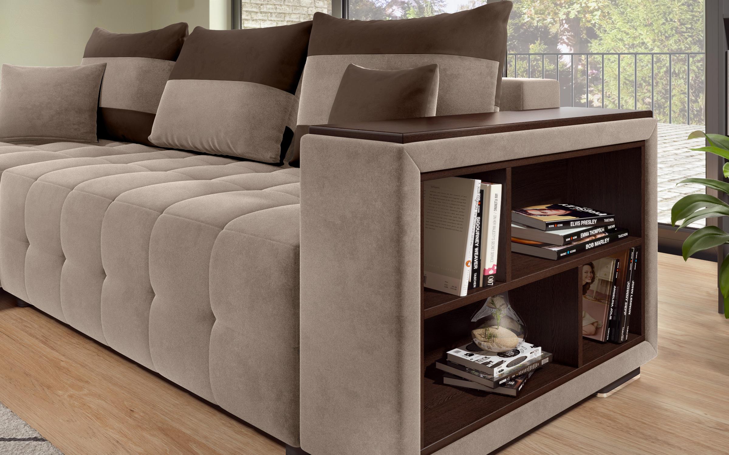 Γωνιακός καναπές - κρεβάτι με ανάκλιντρο και μπράτσο μίνι ραφιέρα Melvin S, σκούρο μπεζ + σκούρο καφέ  3