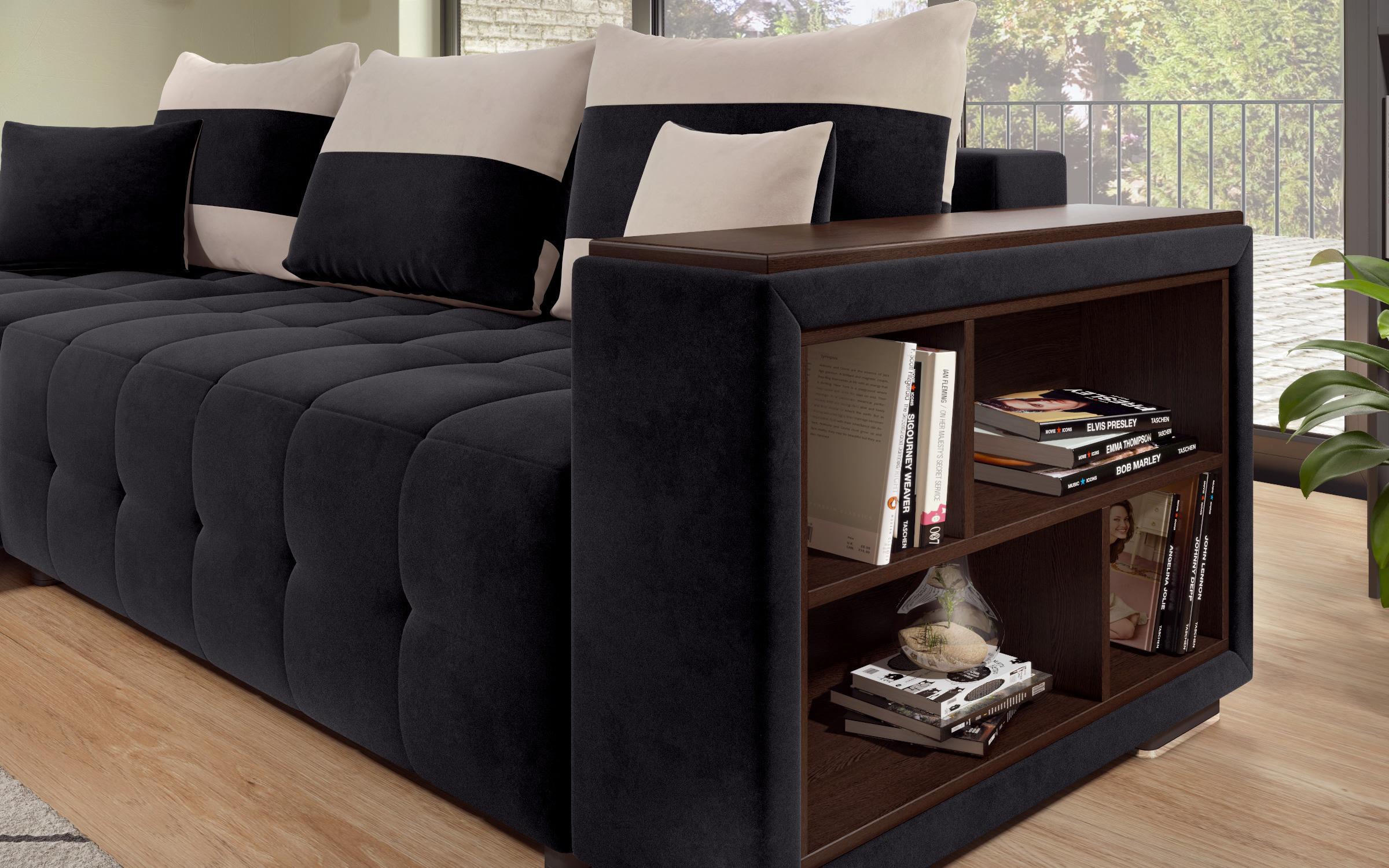 Γωνιακός καναπές - κρεβάτι με ανάκλιντρο και μπράτσο μίνι ραφιέρα Melvin S, μαύρο + ανοιχτό μπεζ  7