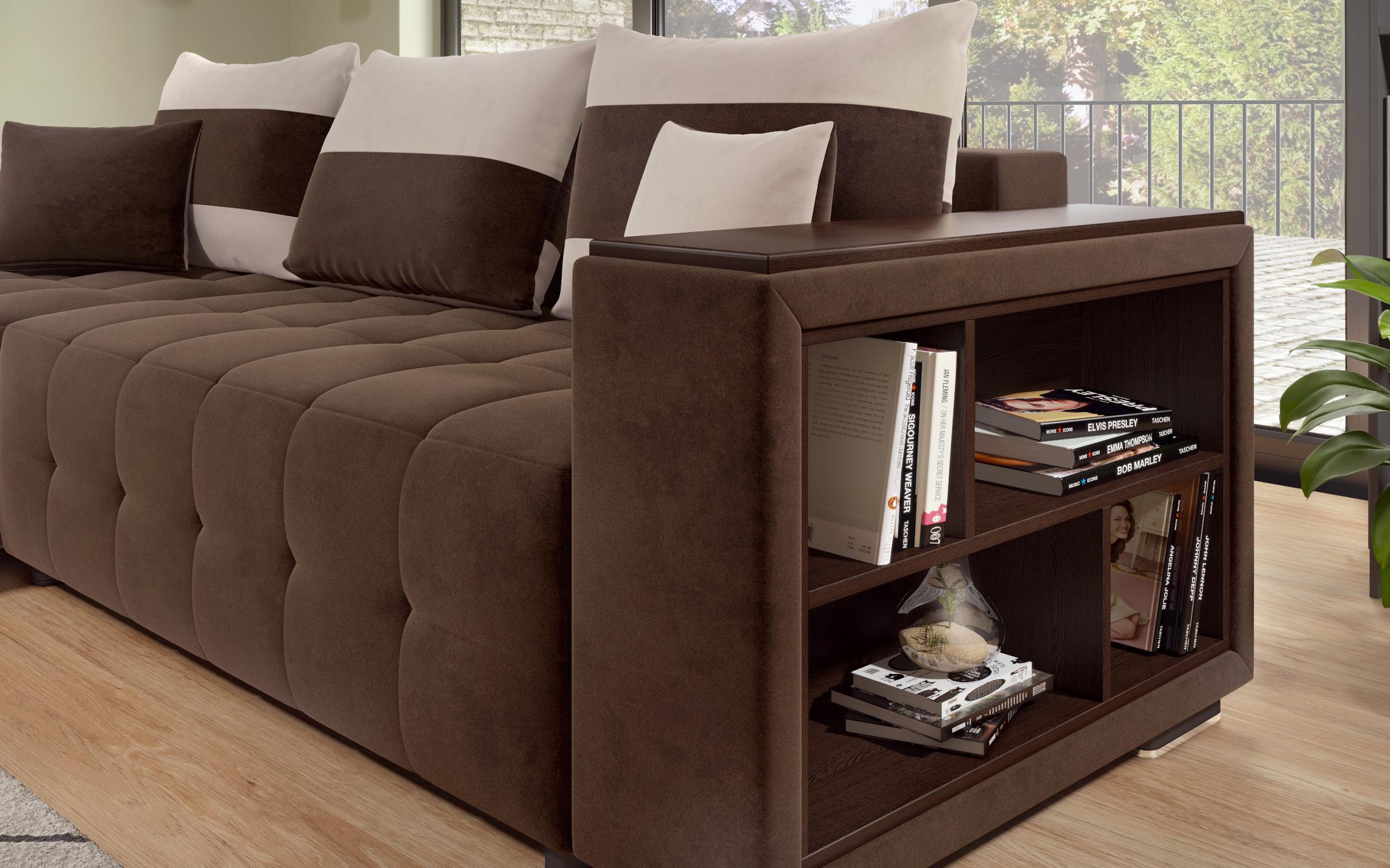 Γωνιακός καναπές - κρεβάτι με ανάκλιντρο και μπράτσο μίνι ραφιέρα Melvin S, σκούρο καφέ + ανοιχτό μπεζ  7