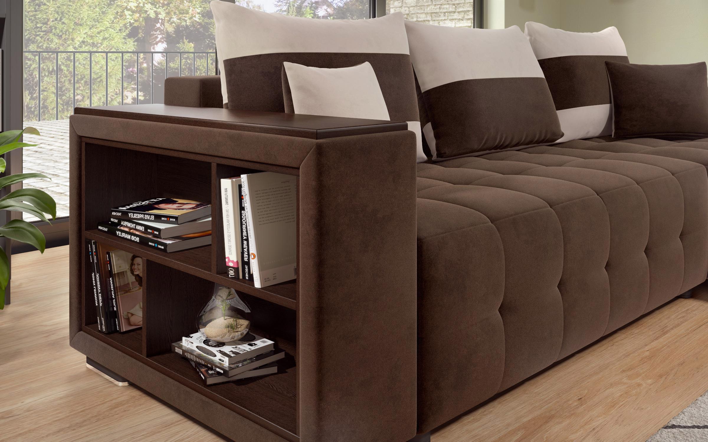 Γωνιακός καναπές - κρεβάτι με ανάκλιντρο και μπράτσο μίνι ραφιέρα Melvin S, σκούρο καφέ + ανοιχτό μπεζ  7