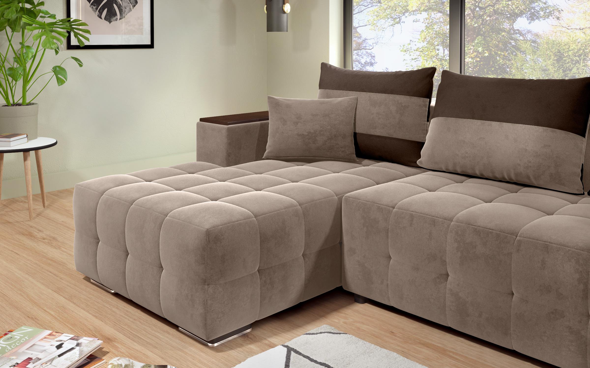 Γωνιακός καναπές - κρεβάτι με ανάκλιντρο και μπράτσο μίνι ραφιέρα Melvin S, σκούρο μπεζ + σκούρο καφέ  4