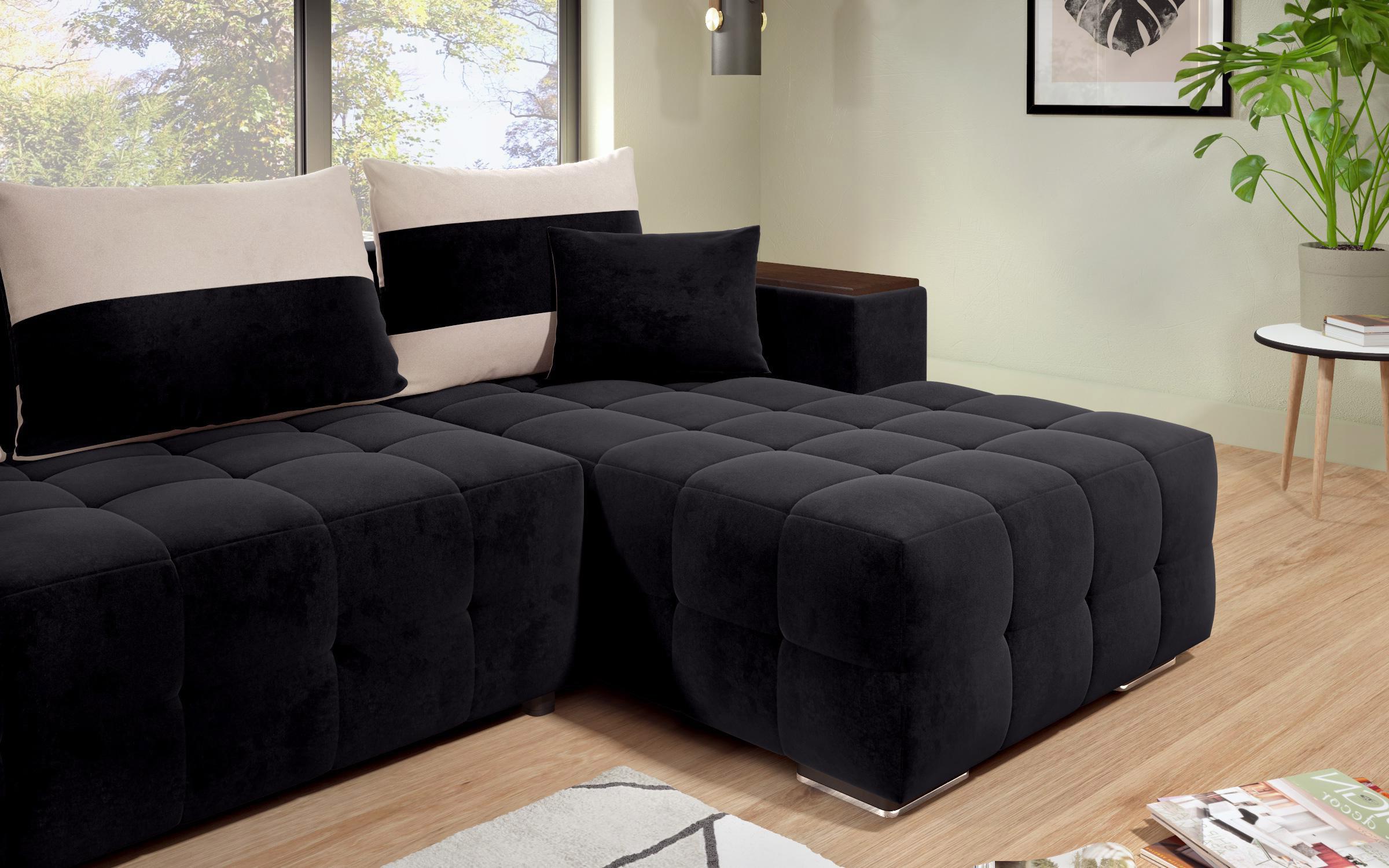 Γωνιακός καναπές - κρεβάτι με ανάκλιντρο και μπράτσο μίνι ραφιέρα Melvin S, μαύρο + ανοιχτό μπεζ  8