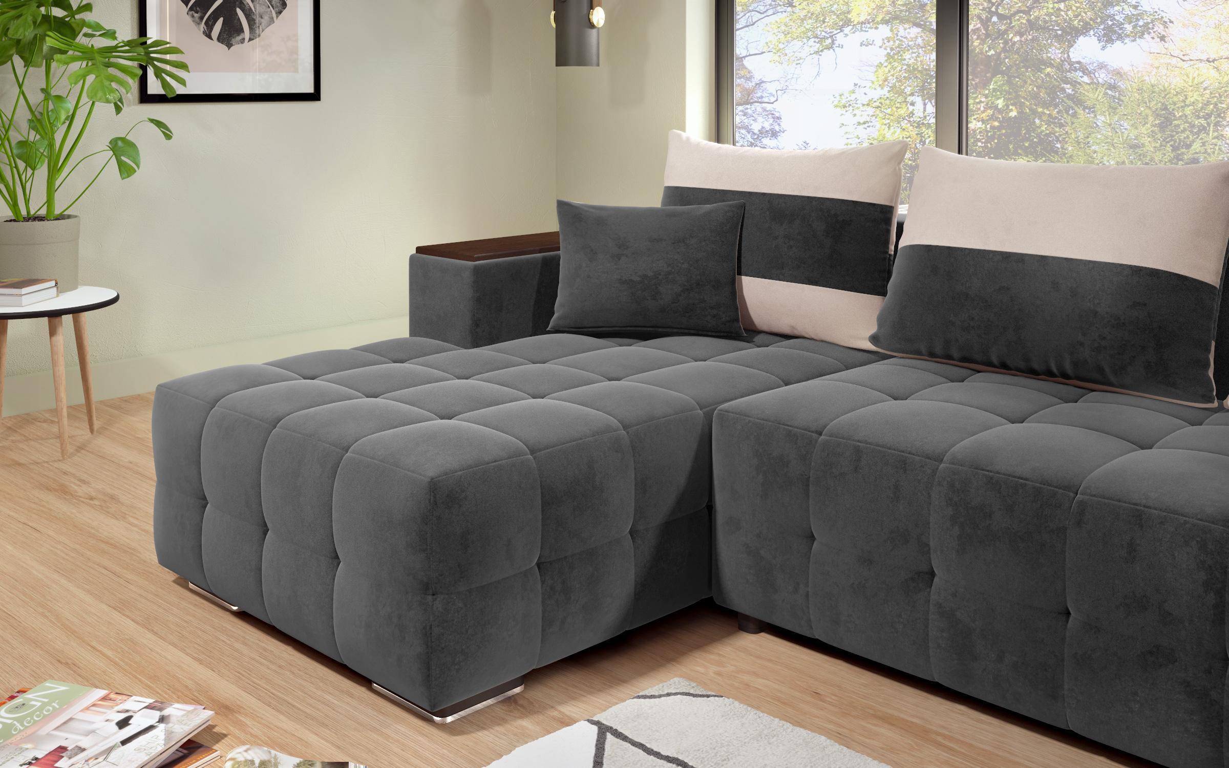 Γωνιακός καναπές - κρεβάτι με ανάκλιντρο και μπράτσο μίνι ραφιέρα Melvin S, γκρι + ανοιχτό μπεζ  8