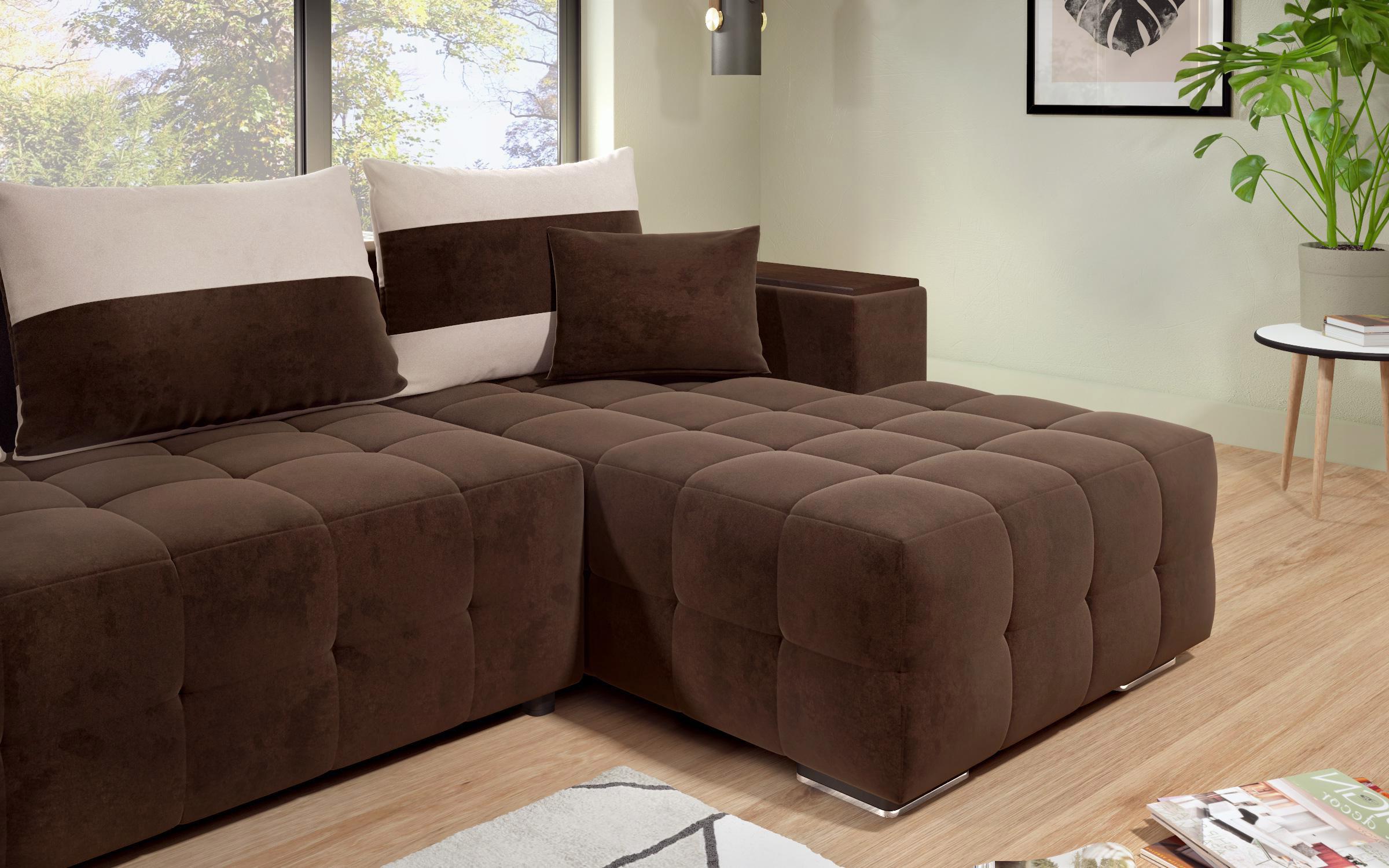 Γωνιακός καναπές - κρεβάτι με ανάκλιντρο και μπράτσο μίνι ραφιέρα Melvin S, σκούρο καφέ + ανοιχτό μπεζ  8
