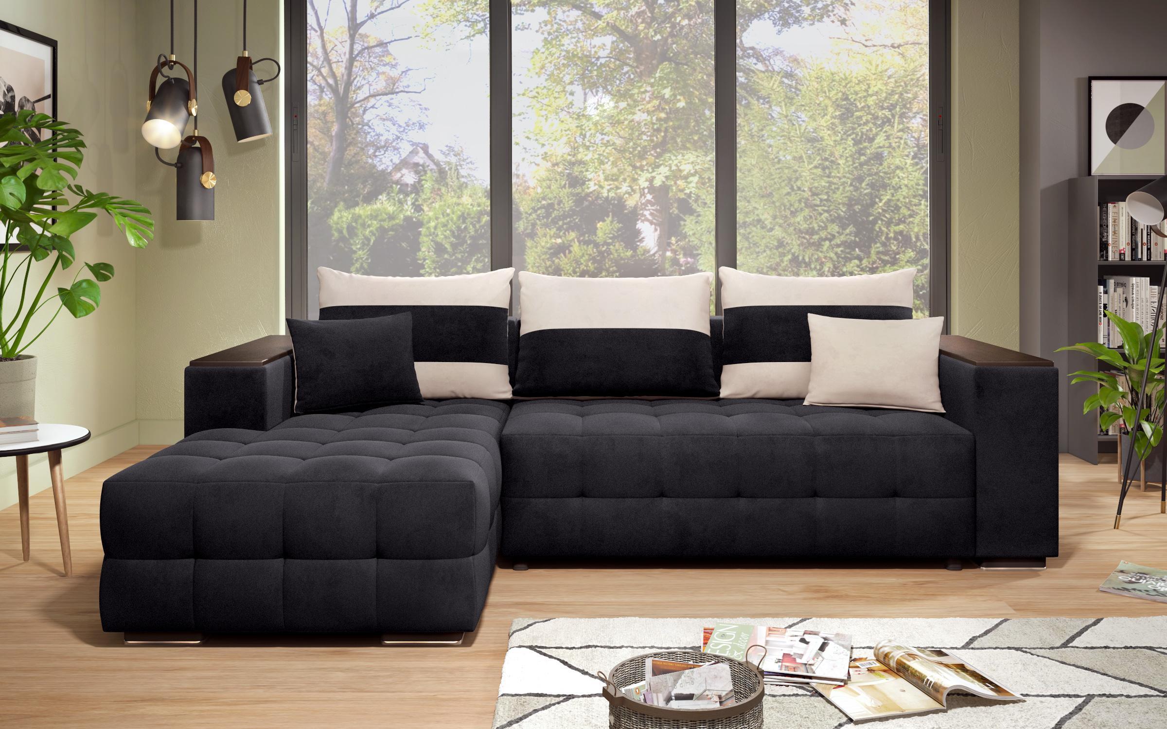 Γωνιακός καναπές - κρεβάτι με ανάκλιντρο και μπράτσο μίνι ραφιέρα Melvin S, μαύρο + ανοιχτό μπεζ  3
