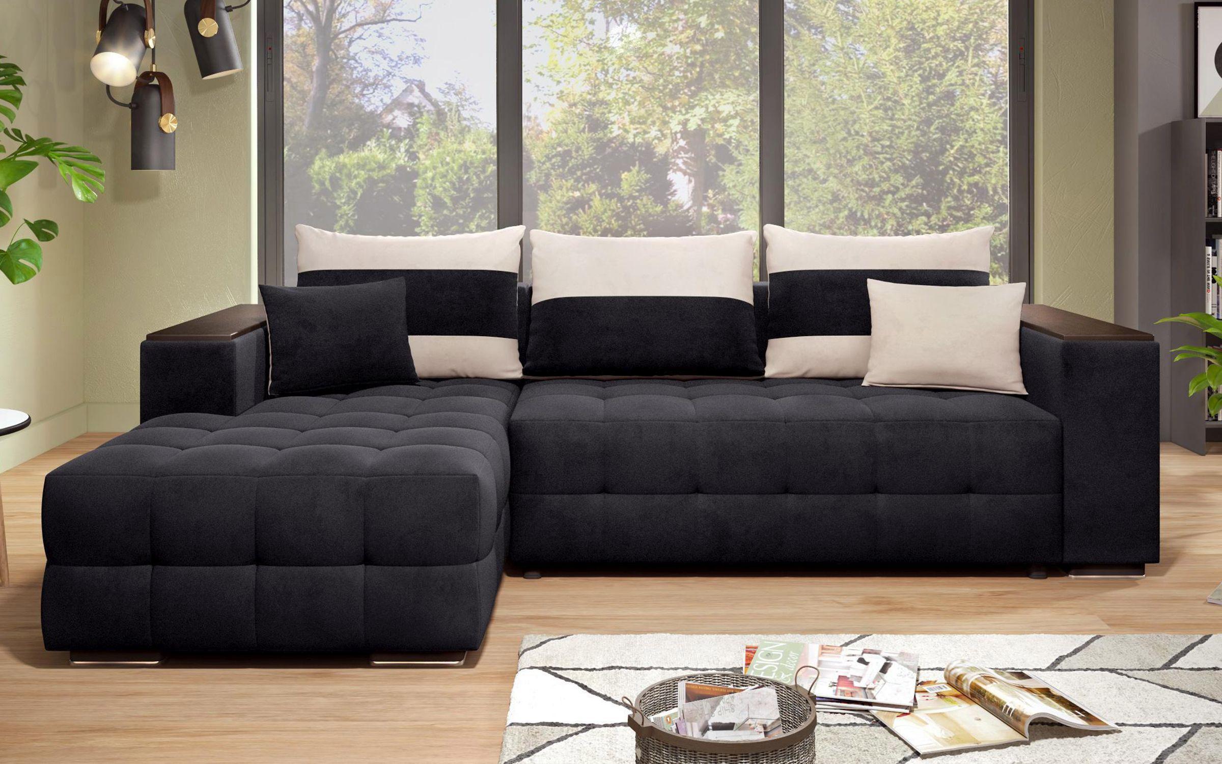 Γωνιακός καναπές - κρεβάτι με ανάκλιντρο και μπράτσο μίνι ραφιέρα Melvin S, μαύρο + ανοιχτό μπεζ  1