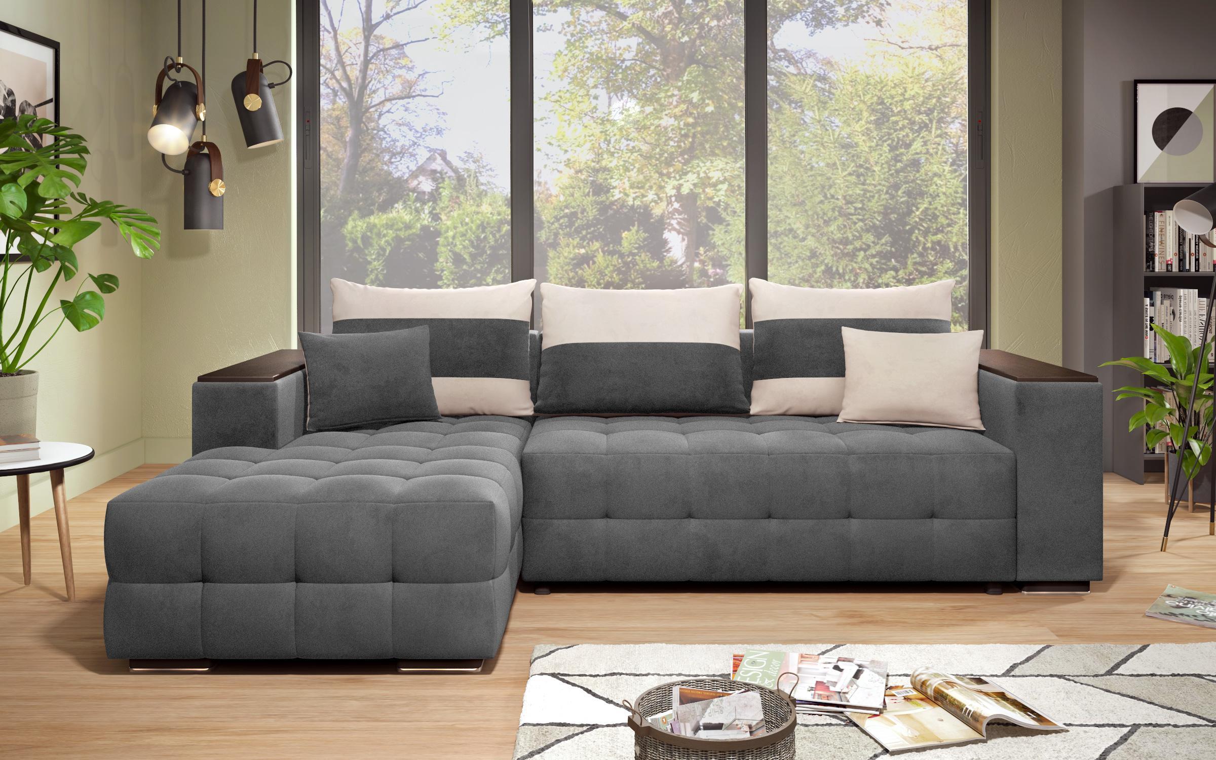 Γωνιακός καναπές - κρεβάτι με ανάκλιντρο και μπράτσο μίνι ραφιέρα Melvin S, γκρι + ανοιχτό μπεζ  3