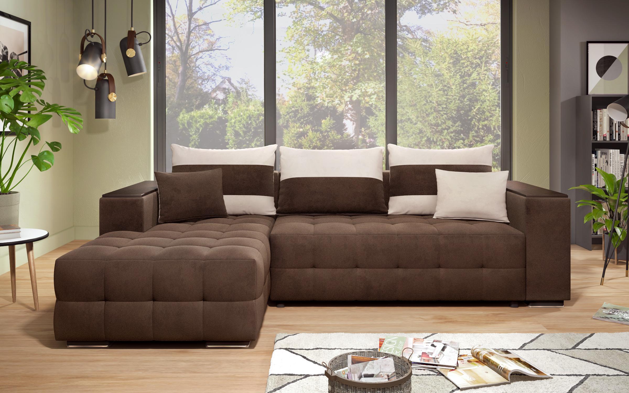 Γωνιακός καναπές - κρεβάτι με ανάκλιντρο και μπράτσο μίνι ραφιέρα Melvin S, σκούρο καφέ + ανοιχτό μπεζ  3