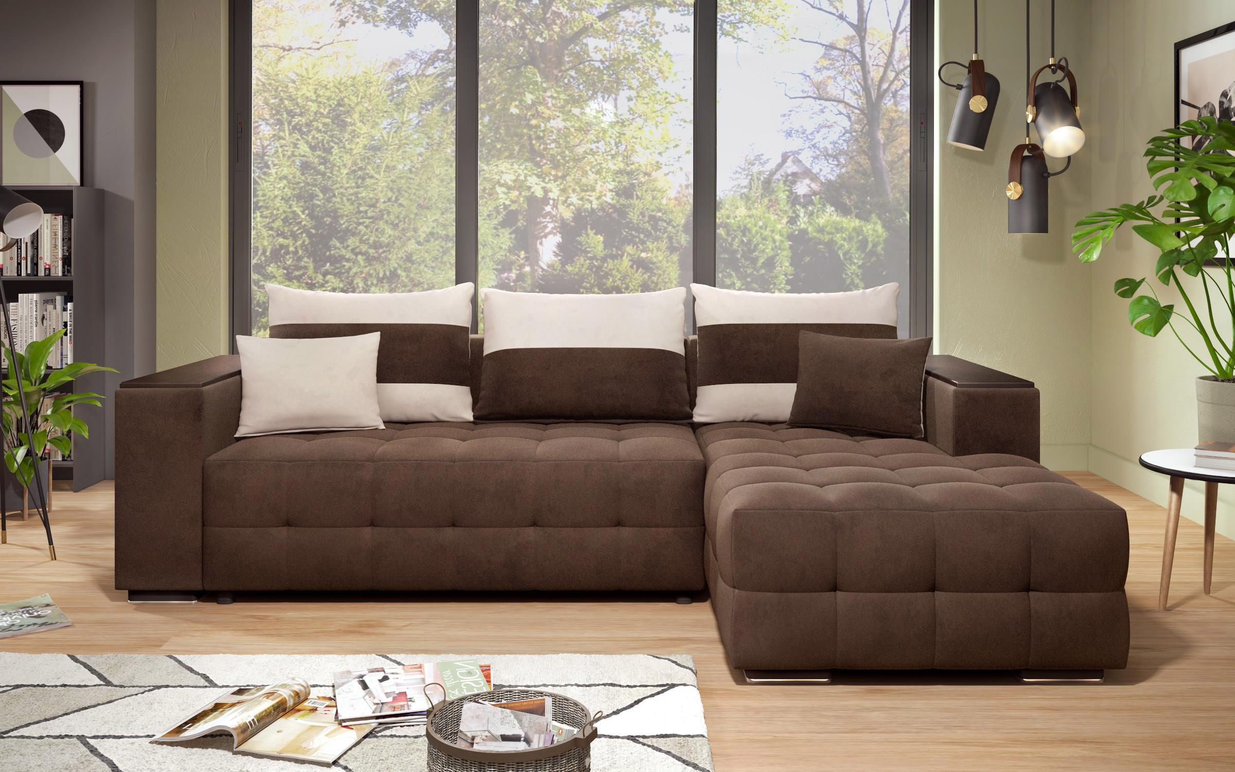 Γωνιακός καναπές - κρεβάτι με ανάκλιντρο και μπράτσο μίνι ραφιέρα Melvin S, σκούρο καφέ + ανοιχτό μπεζ  2