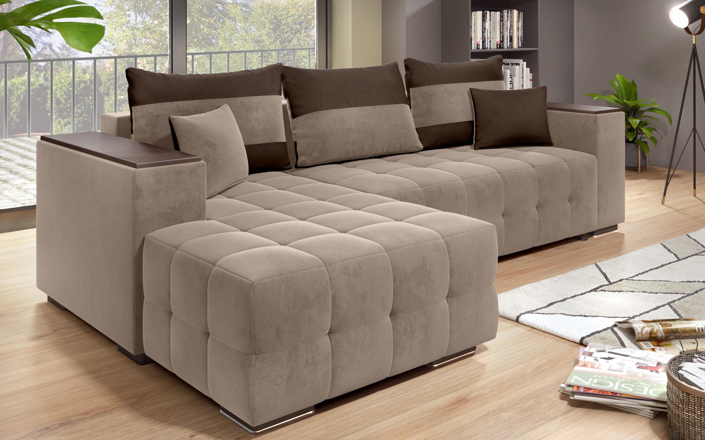 Γωνιακός καναπές - κρεβάτι με ανάκλιντρο και μπράτσο μίνι ραφιέρα Melvin S, σκούρο μπεζ + σκούρο καφέ  5
