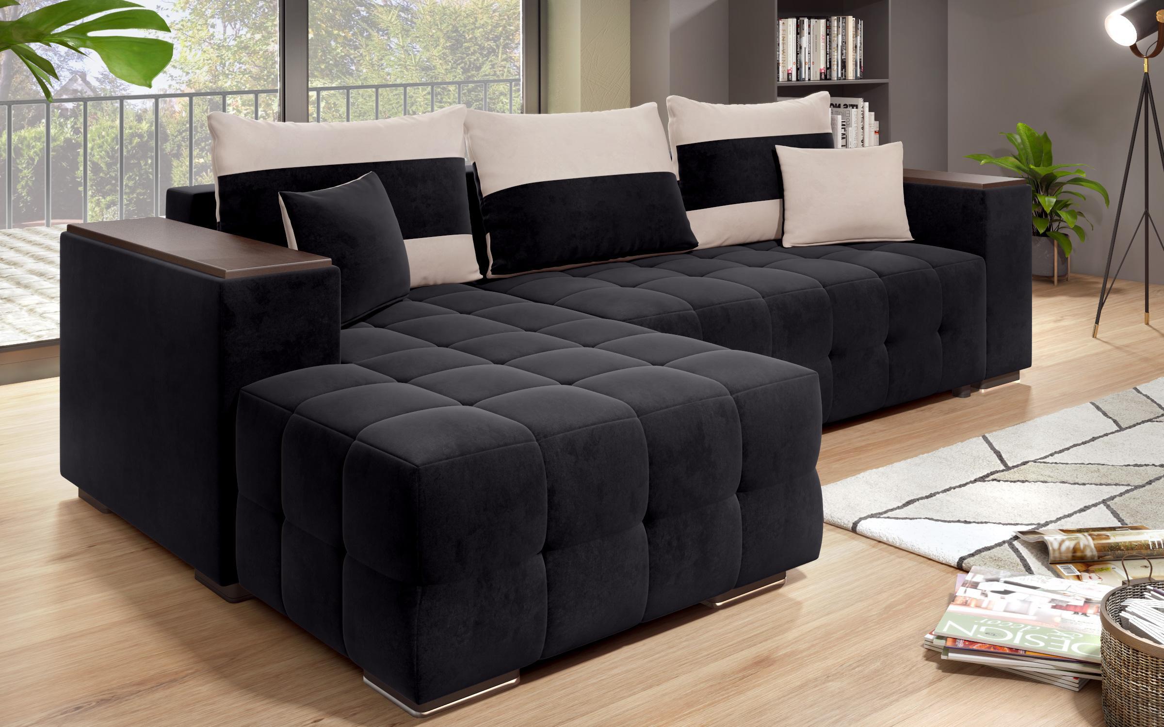 Γωνιακός καναπές - κρεβάτι με ανάκλιντρο και μπράτσο μίνι ραφιέρα Melvin S, μαύρο + ανοιχτό μπεζ  9
