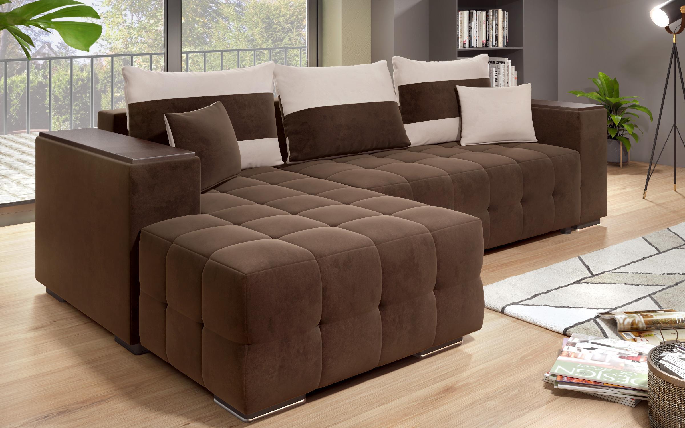 Γωνιακός καναπές - κρεβάτι με ανάκλιντρο και μπράτσο μίνι ραφιέρα Melvin S, σκούρο καφέ + ανοιχτό μπεζ  9