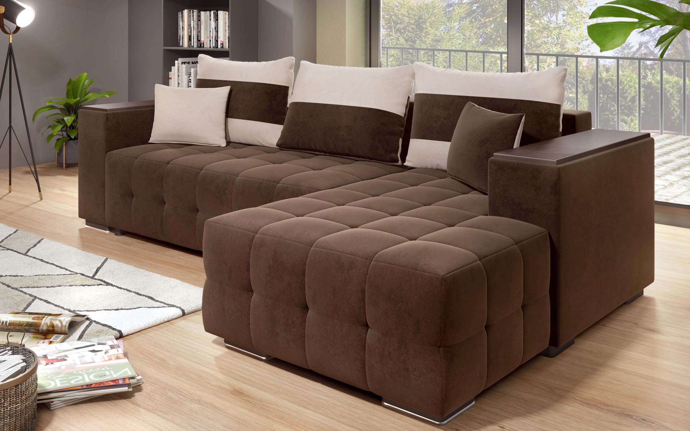 Γωνιακός καναπές - κρεβάτι με ανάκλιντρο και μπράτσο μίνι ραφιέρα Melvin S, σκούρο καφέ + ανοιχτό μπεζ  9