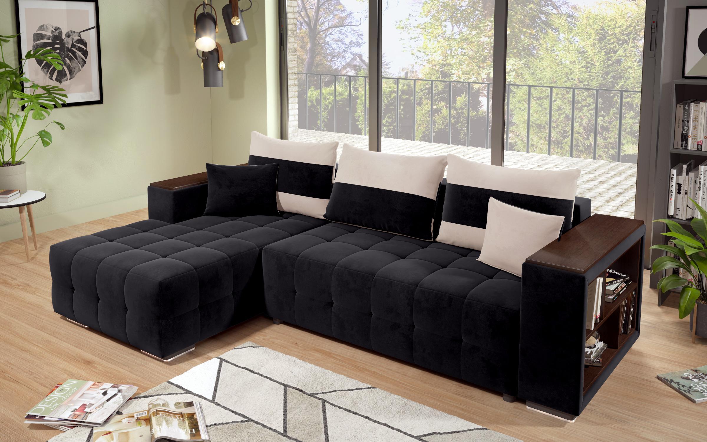 Γωνιακός καναπές - κρεβάτι με ανάκλιντρο και μπράτσο μίνι ραφιέρα Melvin S, μαύρο + ανοιχτό μπεζ  5