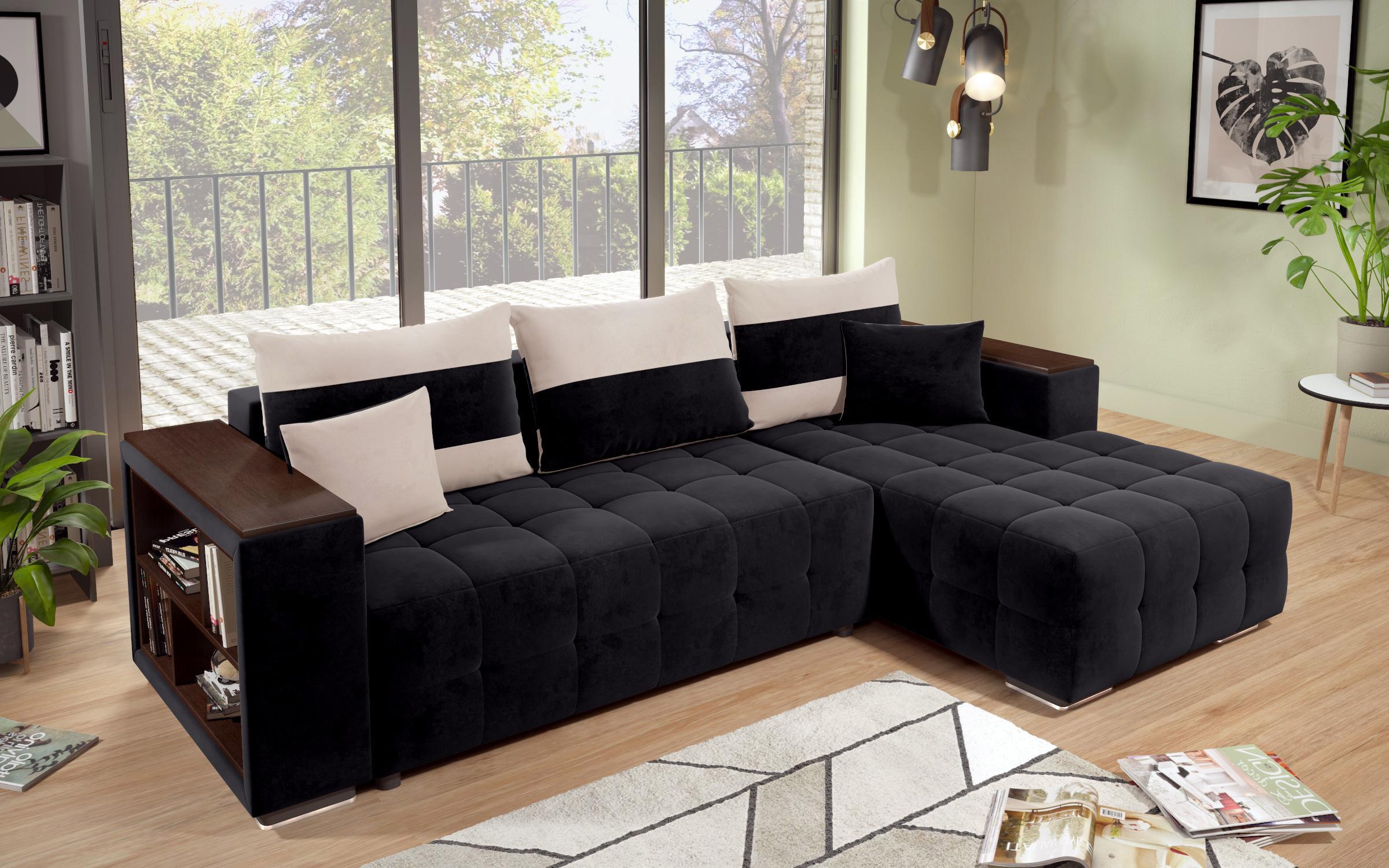 Γωνιακός καναπές - κρεβάτι με ανάκλιντρο και μπράτσο μίνι ραφιέρα Melvin S, μαύρο + ανοιχτό μπεζ  5