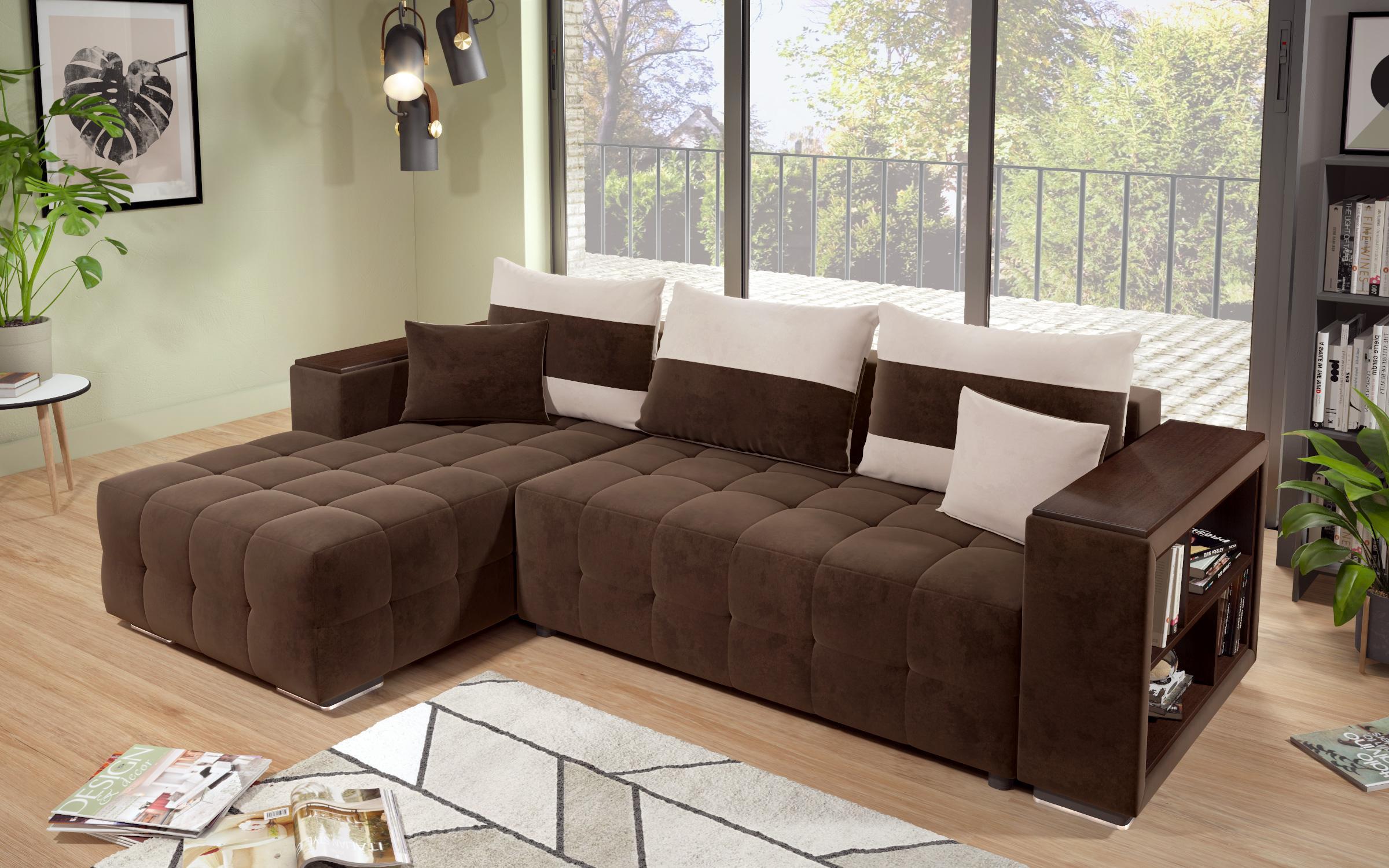 Γωνιακός καναπές - κρεβάτι με ανάκλιντρο και μπράτσο μίνι ραφιέρα Melvin S, σκούρο καφέ + ανοιχτό μπεζ  5