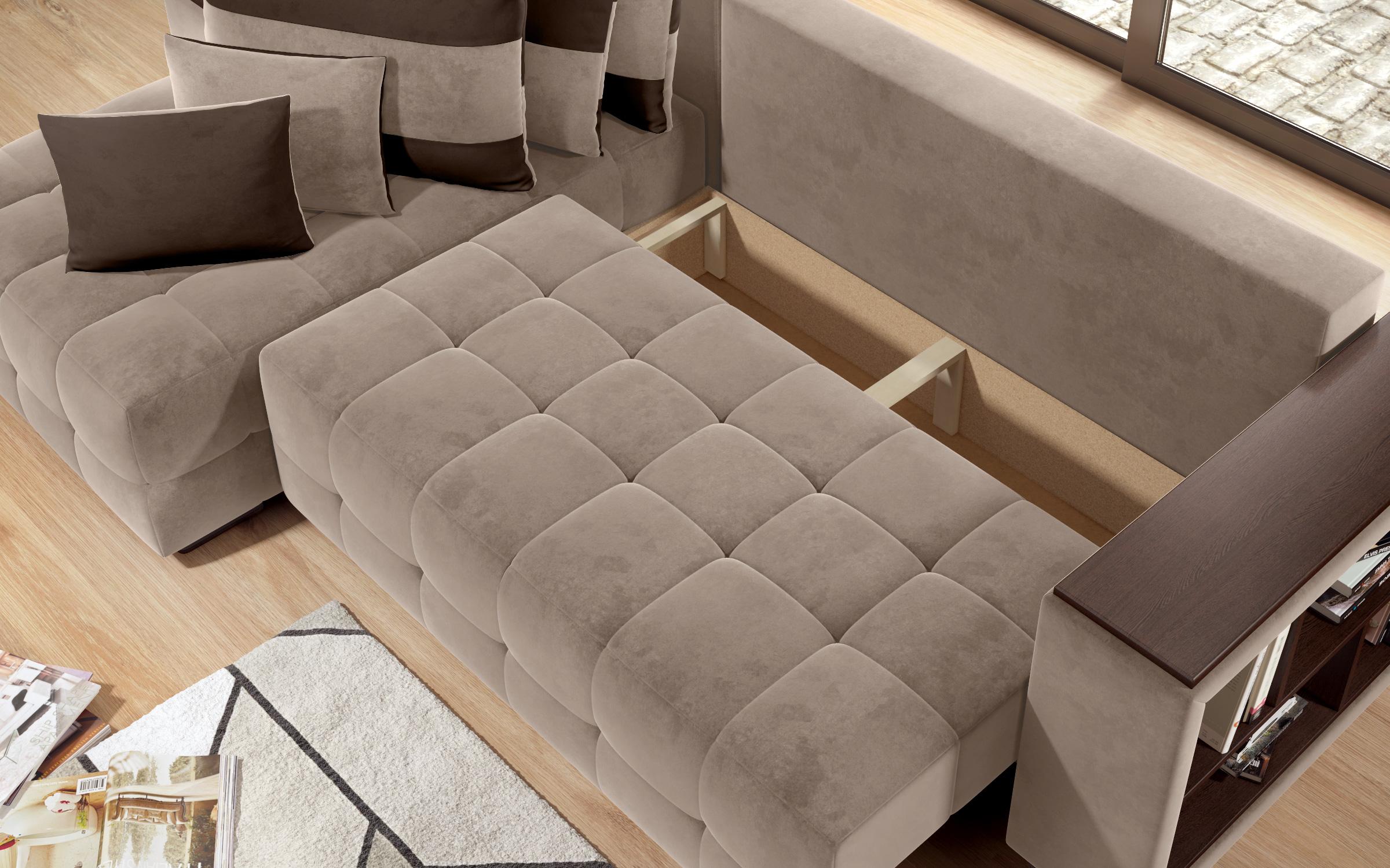 Γωνιακός καναπές - κρεβάτι με ανάκλιντρο και μπράτσο μίνι ραφιέρα Melvin S, σκούρο μπεζ + σκούρο καφέ  7