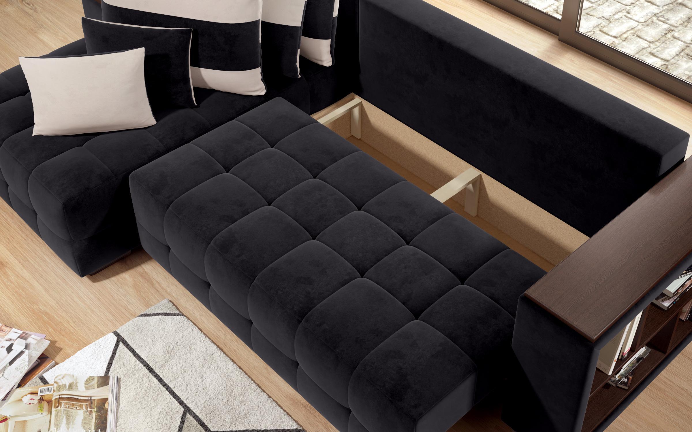 Γωνιακός καναπές - κρεβάτι με ανάκλιντρο και μπράτσο μίνι ραφιέρα Melvin S, μαύρο + ανοιχτό μπεζ  11