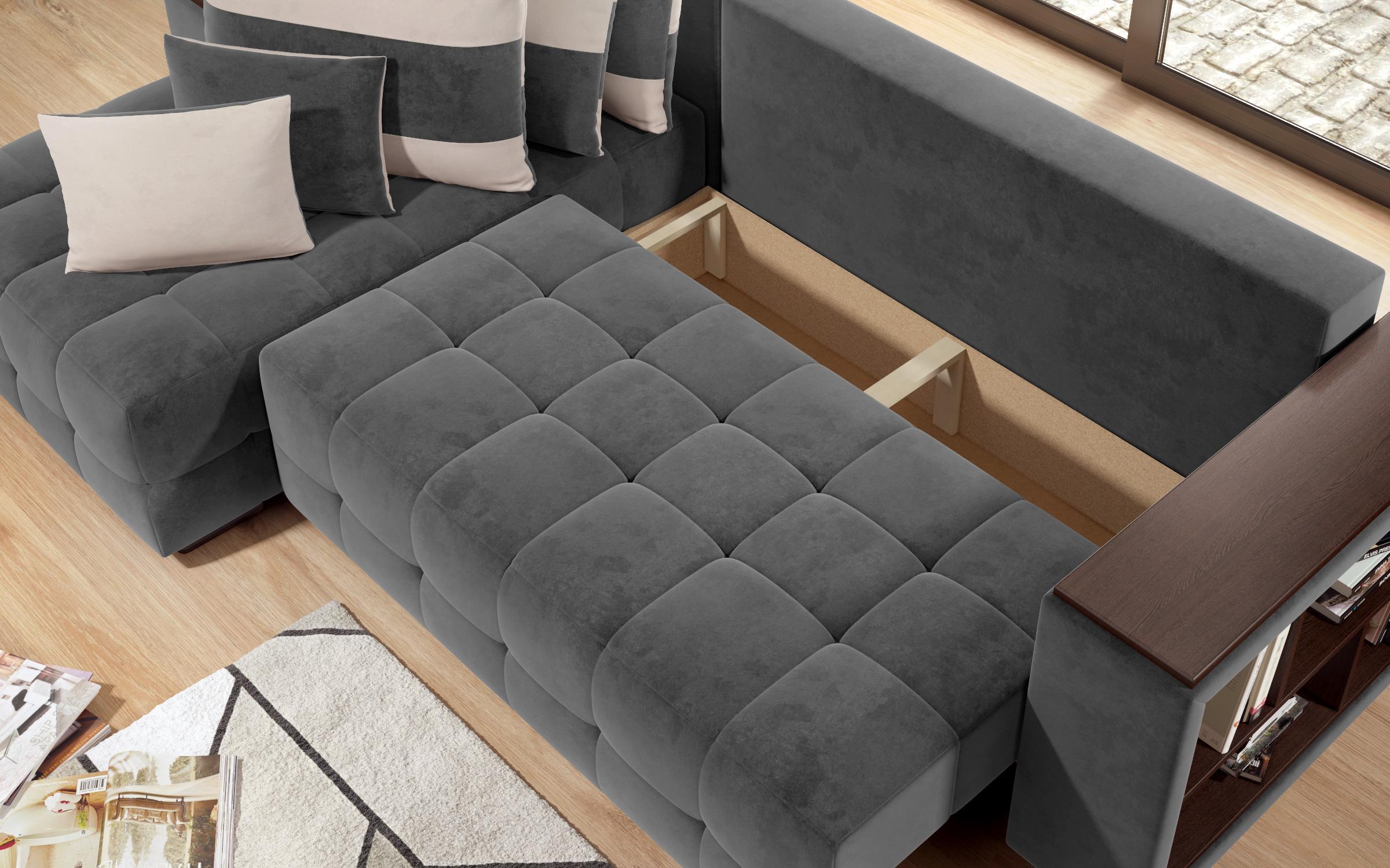 Γωνιακός καναπές - κρεβάτι με ανάκλιντρο και μπράτσο μίνι ραφιέρα Melvin S, γκρι + ανοιχτό μπεζ  11