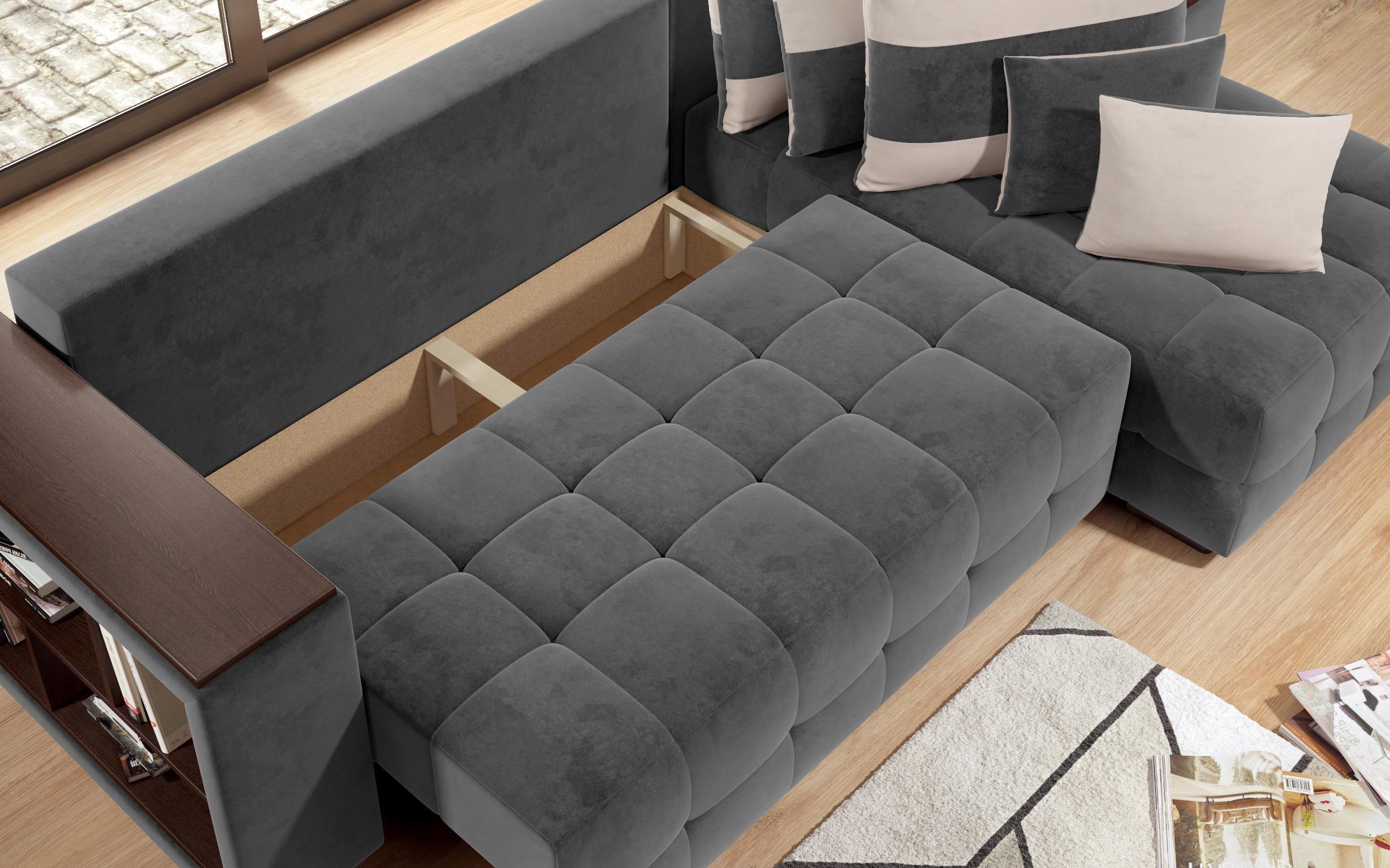 Γωνιακός καναπές - κρεβάτι με ανάκλιντρο και μπράτσο μίνι ραφιέρα Melvin S, γκρι + ανοιχτό μπεζ  11