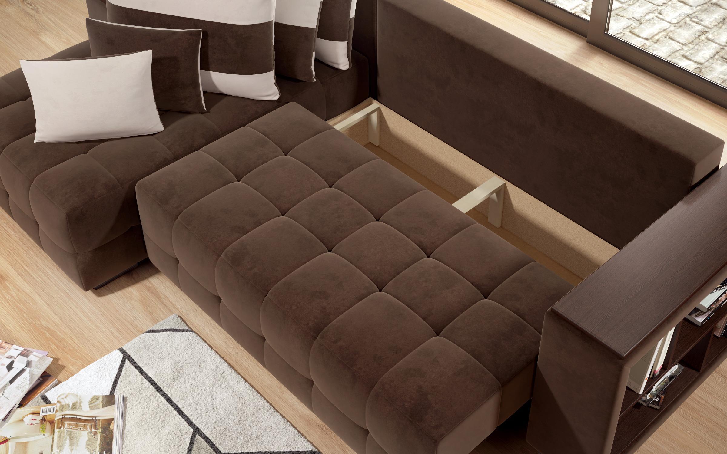 Γωνιακός καναπές - κρεβάτι με ανάκλιντρο και μπράτσο μίνι ραφιέρα Melvin S, σκούρο καφέ + ανοιχτό μπεζ  11