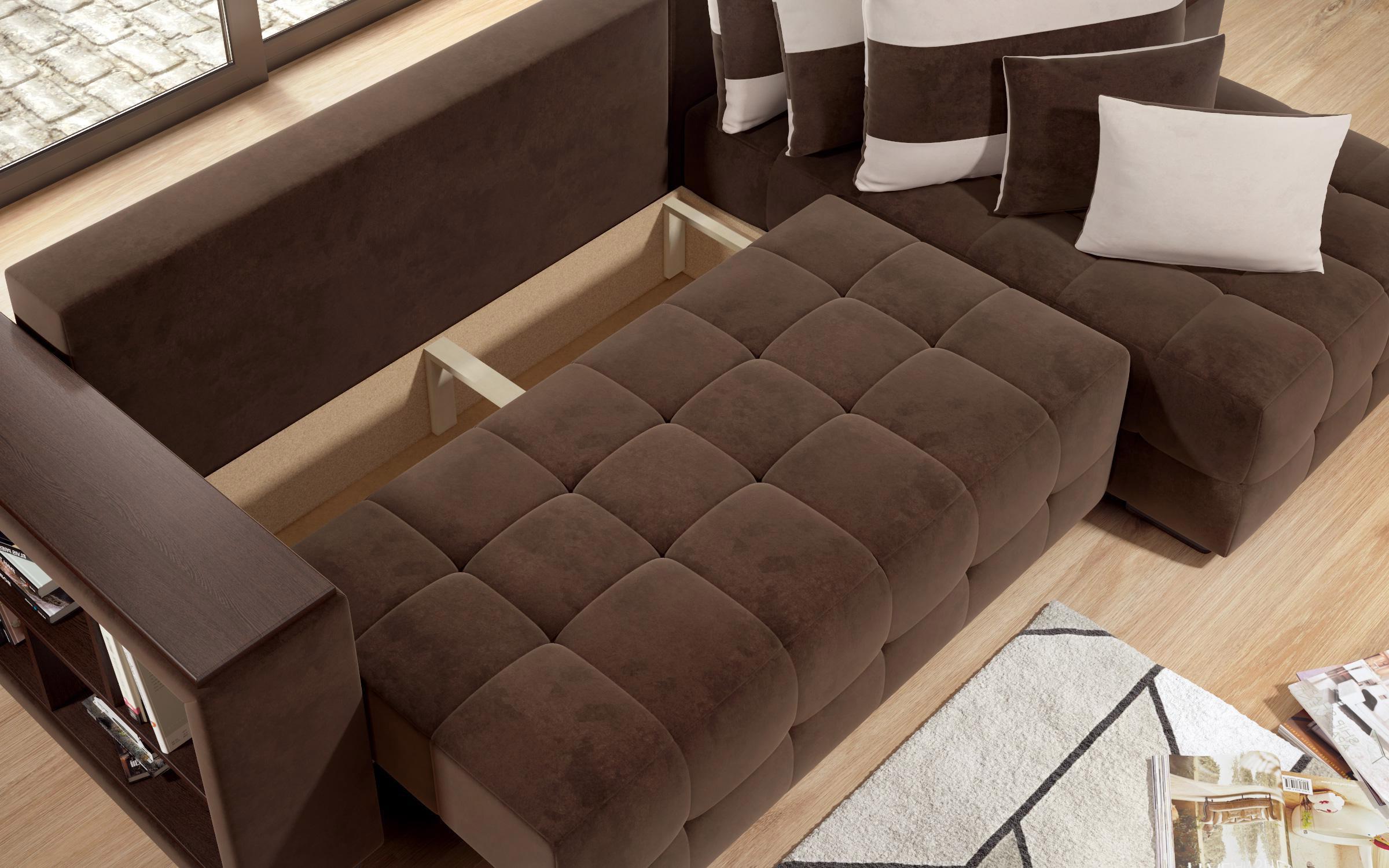 Γωνιακός καναπές - κρεβάτι με ανάκλιντρο και μπράτσο μίνι ραφιέρα Melvin S, σκούρο καφέ + ανοιχτό μπεζ  11