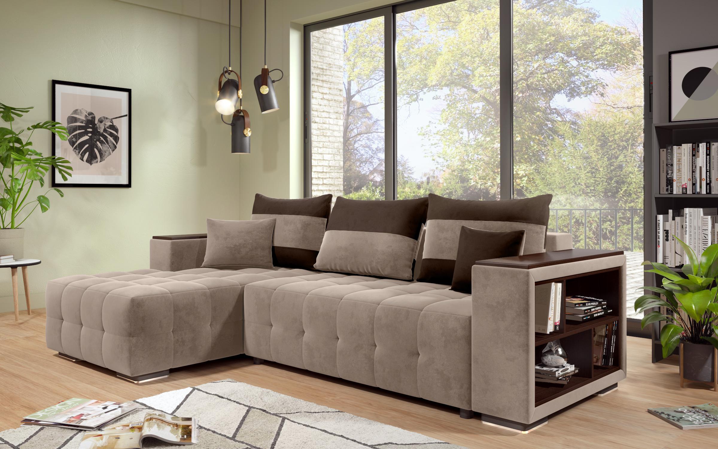 Γωνιακός καναπές - κρεβάτι με ανάκλιντρο και μπράτσο μίνι ραφιέρα Melvin S, σκούρο μπεζ + σκούρο καφέ  9